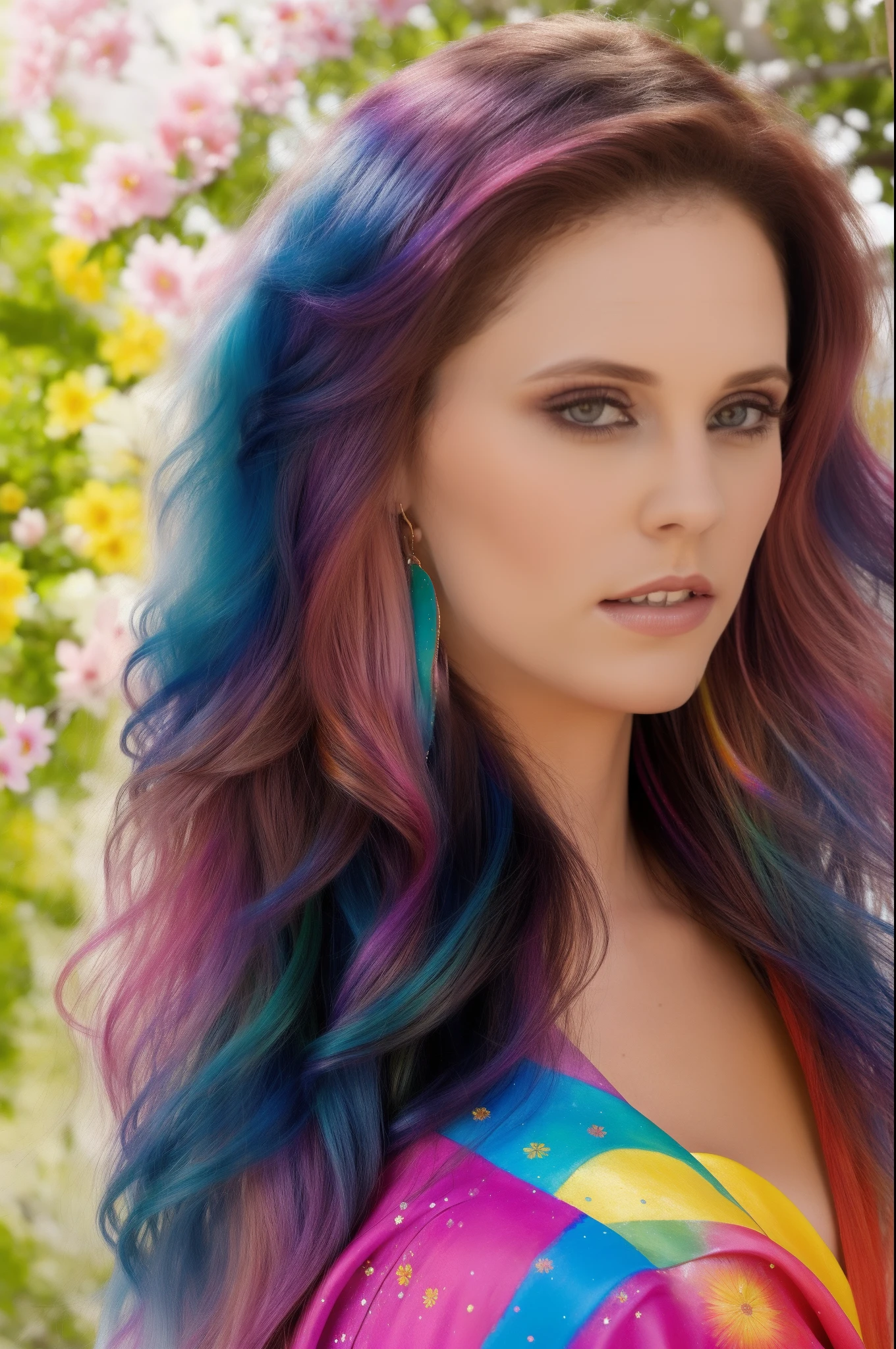 ((Kiera Winters)), shukezouma, octane render, hdr, (hyperdetailed:1.15), (soft light, sharp:1.2), 1girl, beautiful girl, ultra detailed eyes, mature, plump, thick, rainbow painting drops, paint teardrops, woman made up from paint, entirely paint, splat, splash, long colored hair, kimono made from paint, ultra detailed texture kimono, rainbow paint kimono, paint bulb, paint drops, (hair ornaments, earrings, flowers hair ornaments, butterflies hair ornaments), outdoors, sakura trees