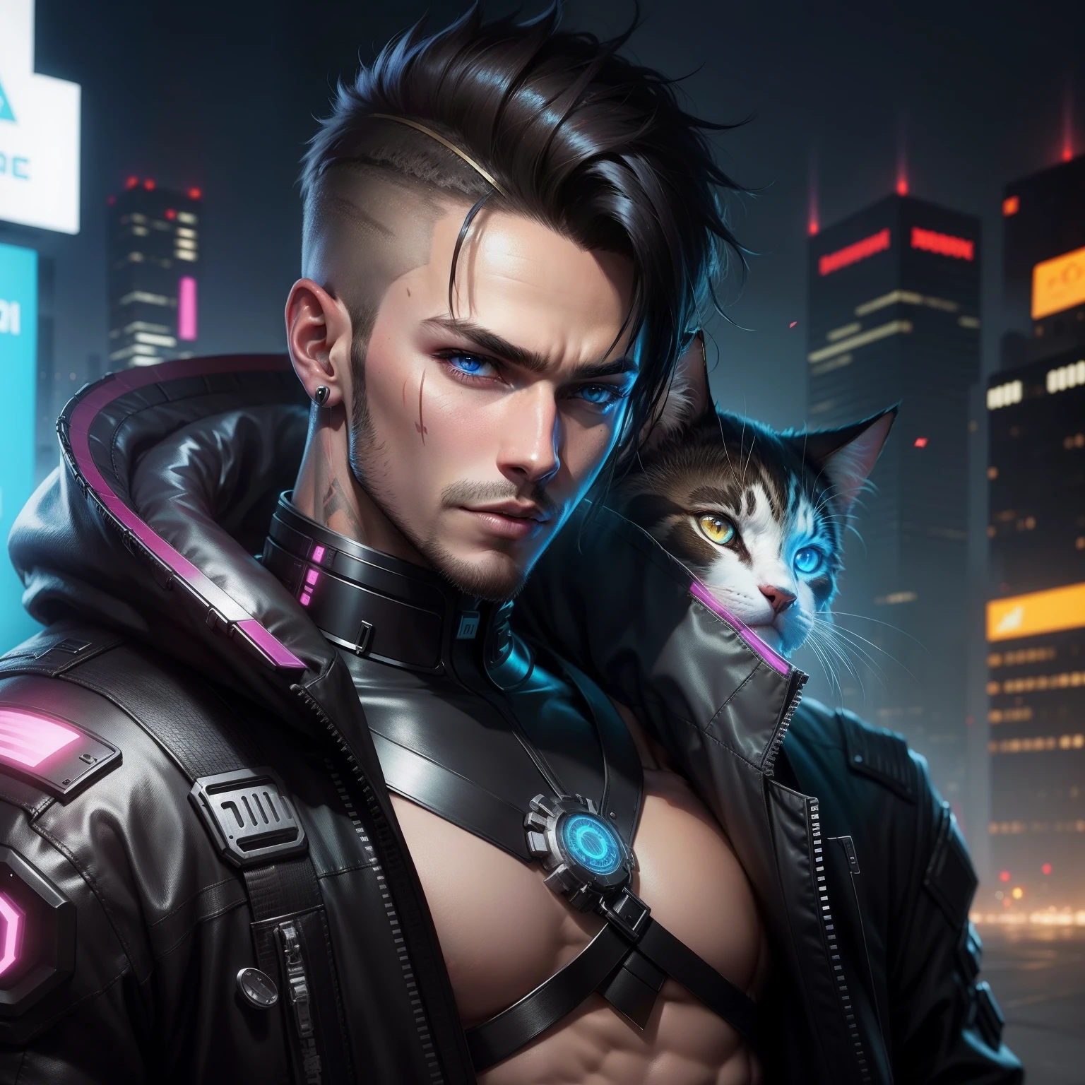 Cyberpunk handsome boy ultra realistic with cat