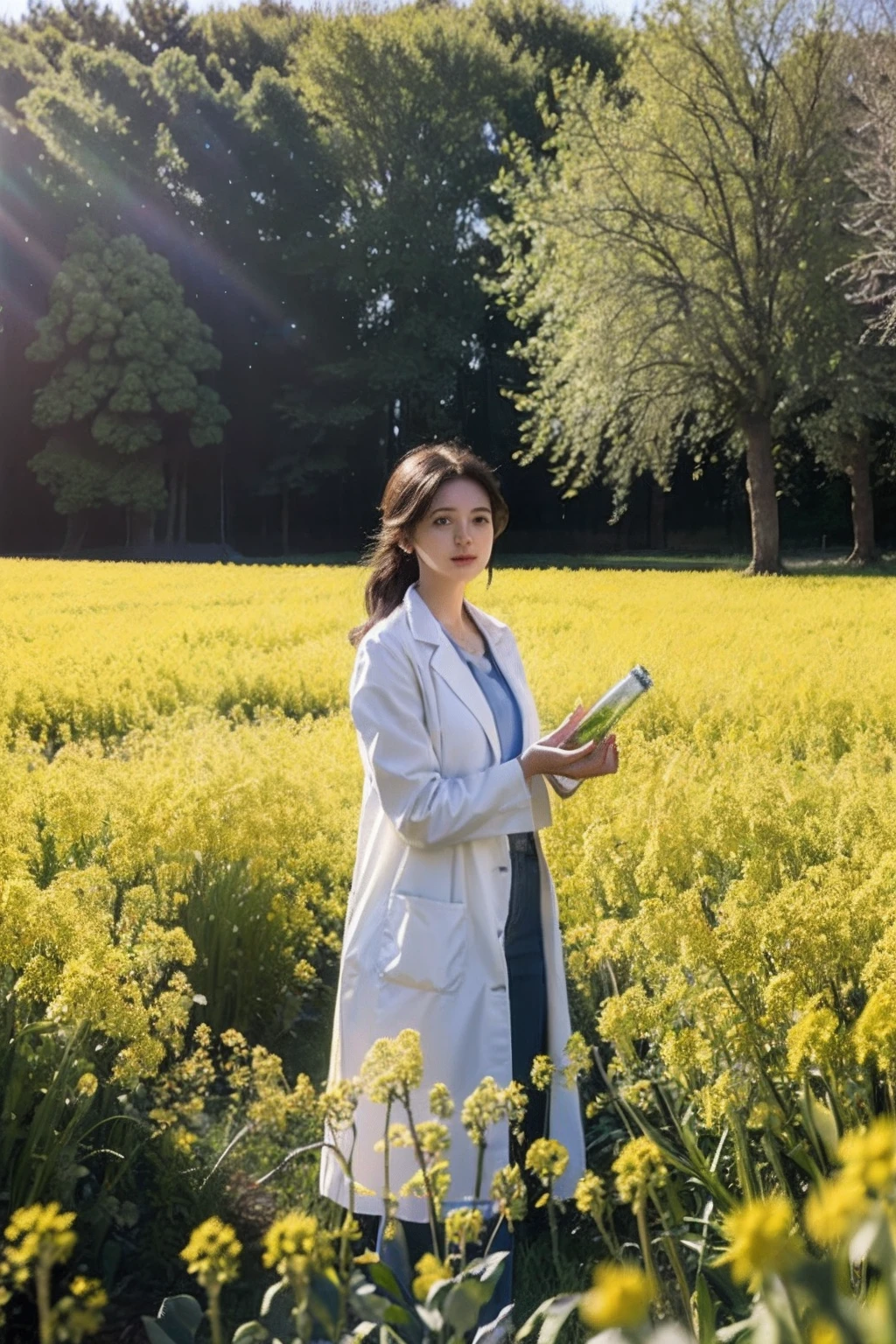 Oil painting by a rude agricultural researcher working in her field, magnifica, warm sunlight, vibrant with colors, Wearing a white research costume, Woman in white lab coat holding a glass bottle in the field, enviromental portrait, Holding a clear glass bottle in his hand, Wearing a lab coat, the scientist, scientific research, wearing lab coat and a blouse, in a field, Wearing a lab coat, With a lab coat, in field high resolution, wearing a white lab coat, biological photo, wide portrait, rapeseed blossoms