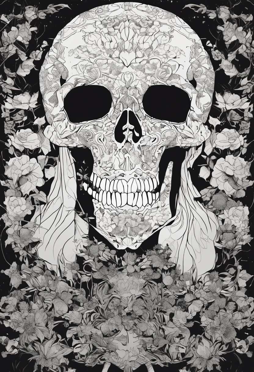 Two beautiful women in kimonos standing symmetrically, The silhouette of two models standing looks like a skull、Fill the screen1One big skull、The shadow that projected the two is a skull、 Its fine ink lineart, Comic style, beautiful line art, Black and white comic style, Manga style, manga art style, Black and white coloring 、Silhouette morphed into a skull --auto --s2