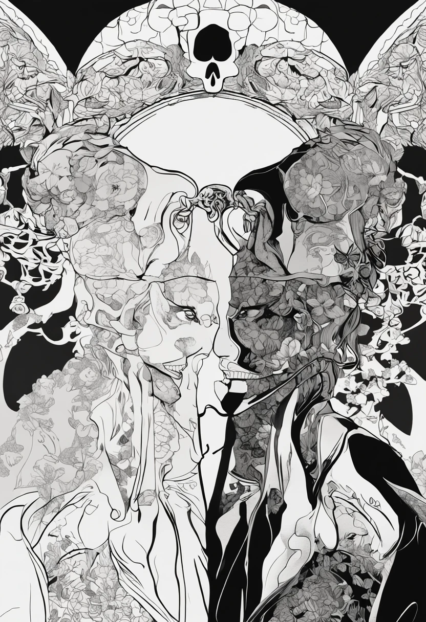 Two beautiful women in kimonos standing symmetrically, The silhouette of two models standing looks like a skull、Fill the screen1One big skull、The shadow that projected the two is a skull、 Its fine ink lineart, Comic style, beautiful line art, Black and white comic style, Manga style, manga art style, Black and white coloring 、Silhouette morphed into a skull --auto --s2