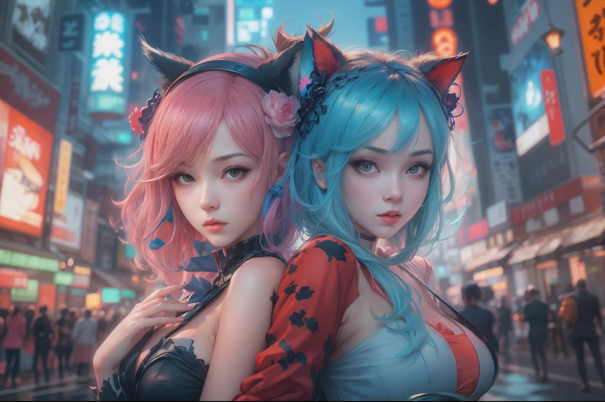 anime - style image of two women with pink and blue hair dressed in red and blue corset, posing in Akihabara for a foto shooting, Captured from worm's eye view, verry wide angle capture, wlop and sakimichan, attractive cat girl, artwork in the style of guweiz, fantasy art style, 2. 5 d cgi anime fantasy artwork, fanart best artstation, by Yang J, trending on cgstation, wlop and ross tran, guweiz