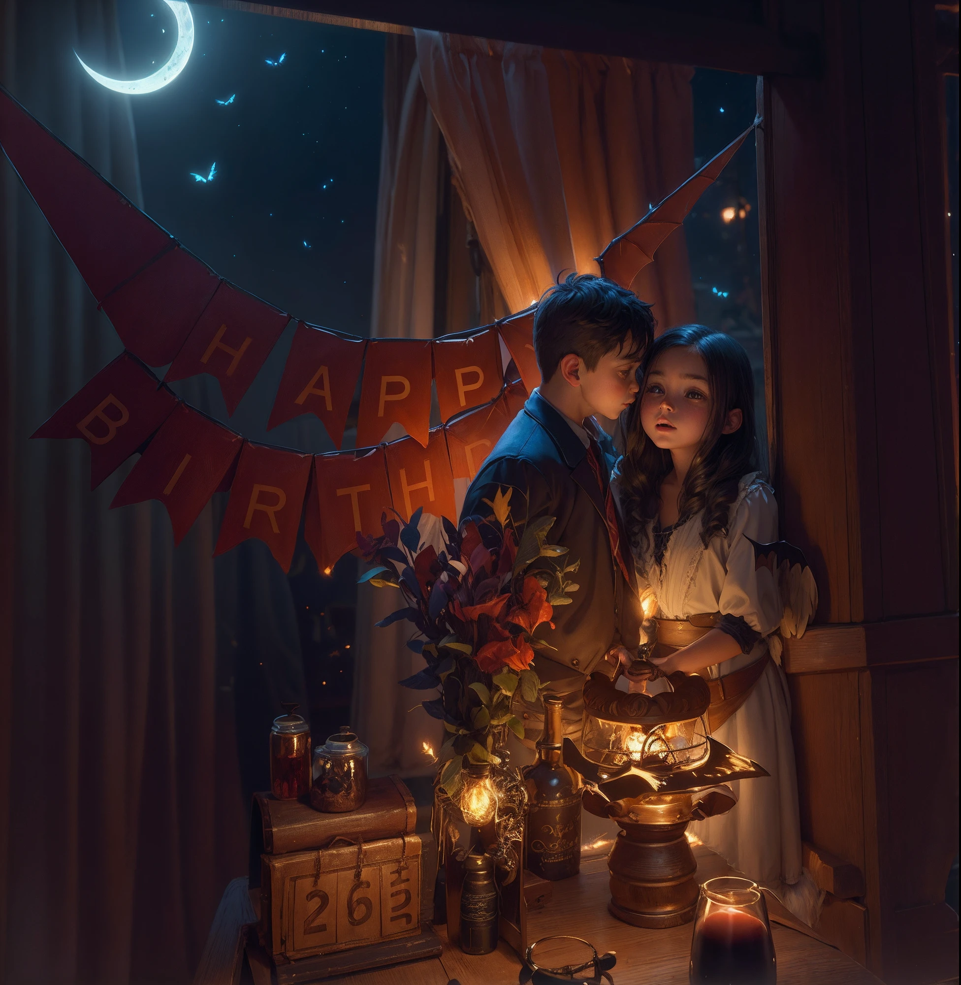 (little girl_angel:1.1) has wings and feathers, he hugs little boy_devil, she has beatiful face and bat wings, dark,fireflies, midnight moonlight backlight,(cinematic lighting)