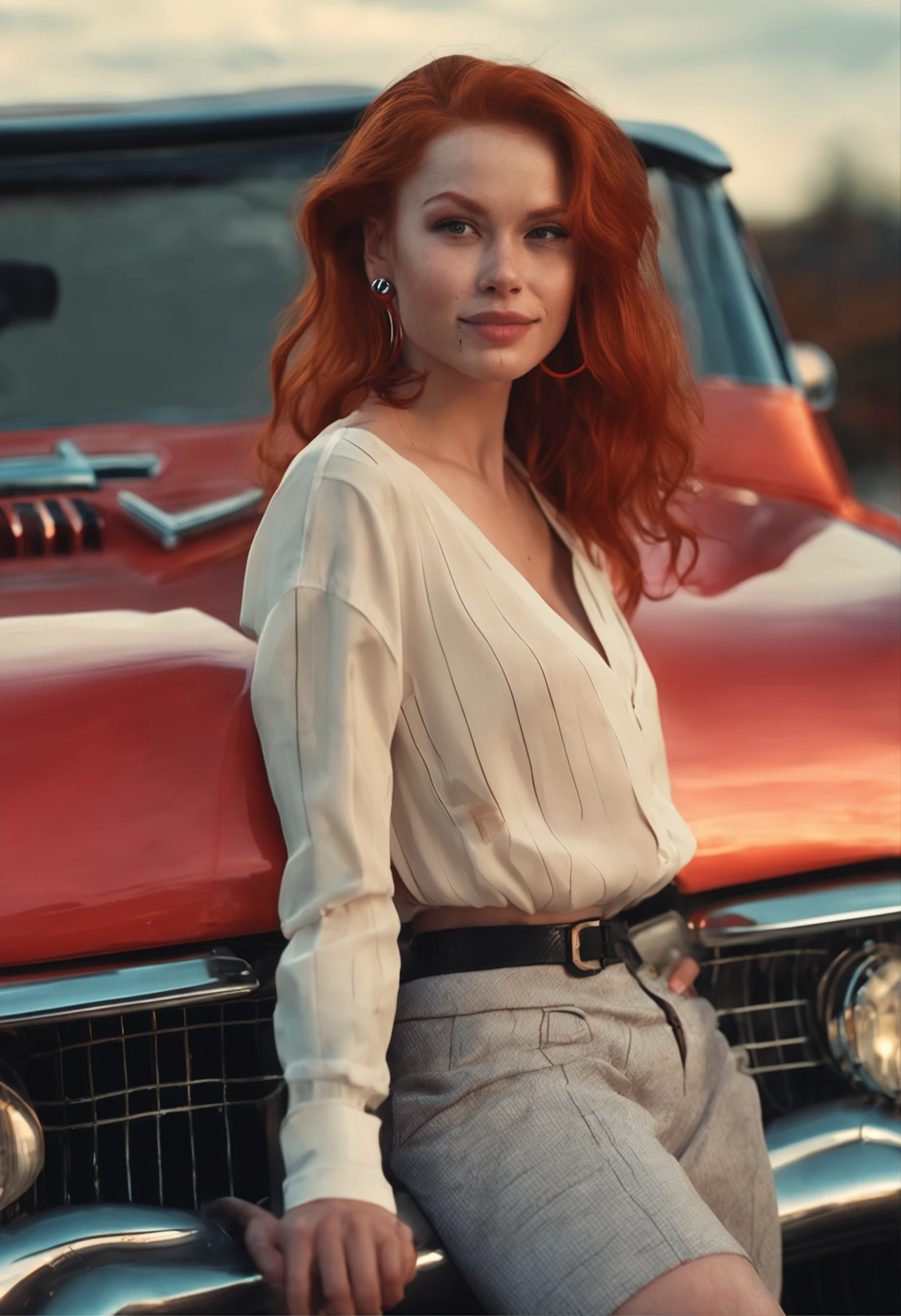 8k, RAW photo, portrait, best quality, ultra high res, photorealistic,
1girl, full body, thigh, red hair, earrings, necklace, car, grin, eyelashes,beauty breast, spread legs,cinematic lighting, depth of field, lens flare,