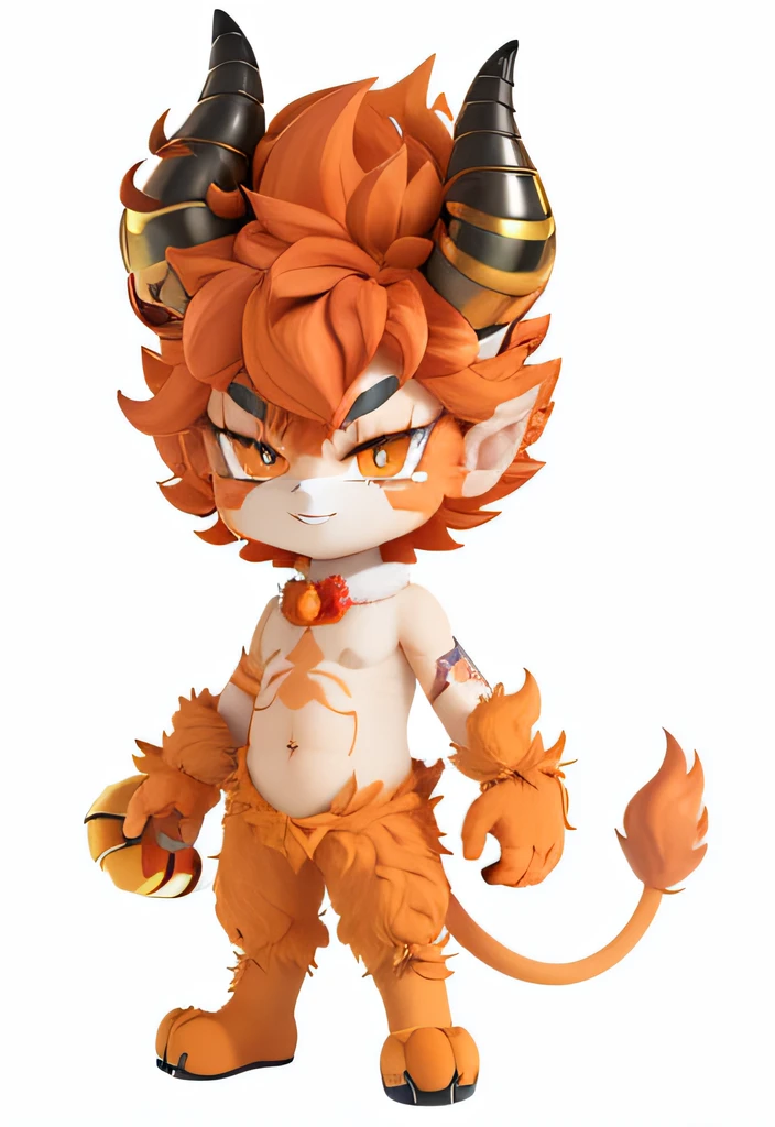 A close-up of a cartoon cat with horns and a red head, satyr, fluffy orange skin, pudica pose, 4 k octan render, devilish, octan render, demon male, 3 d render official art, fire lion, fire type, full body portrait of a zentaur, Demon Boy, Stylized 3 D