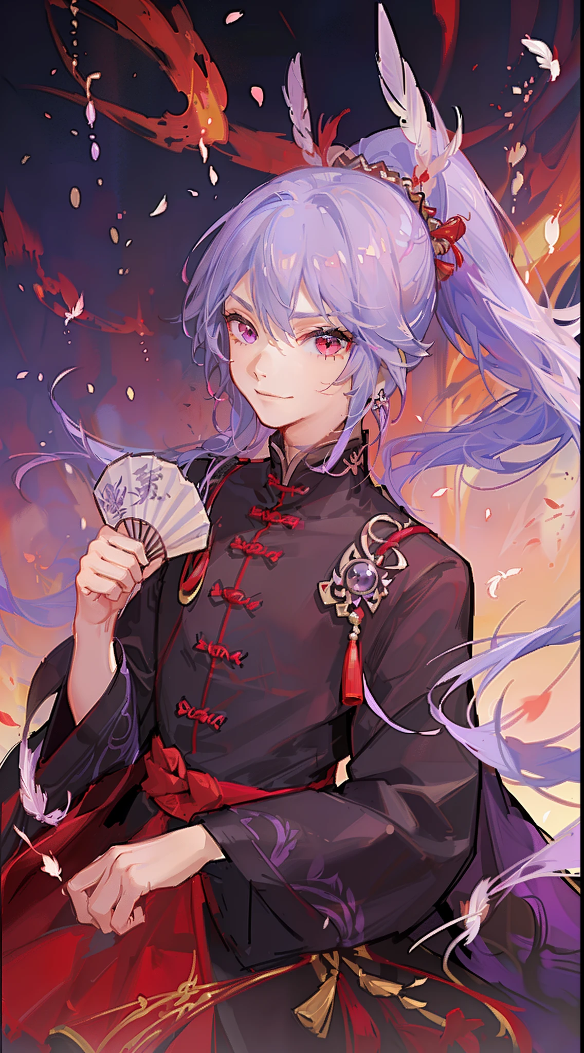 young boy, long purple hair, high ponytail, red-eyes, Chinese purple short-sleeved shirt, Via Hanifa, smirk, Feather Fan, Masterpiece, hiquality