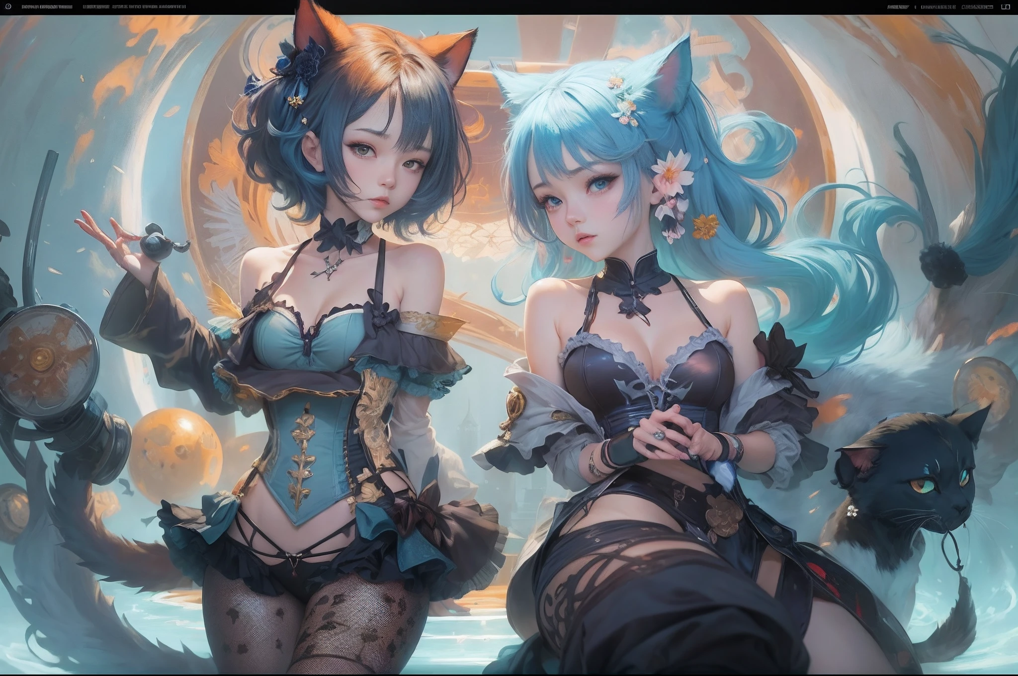 anime - style image of two women with pin and blue hair dressed in colorfull corset and cats, wlop and sakimichan, attractive cat girl, artwork in the style of guweiz, fantasy art style, 2. 5 d cgi anime fantasy artwork, fanart best artstation, by Yang J, trending on cgstation, wlop and ross tran, guweiz
Preparing