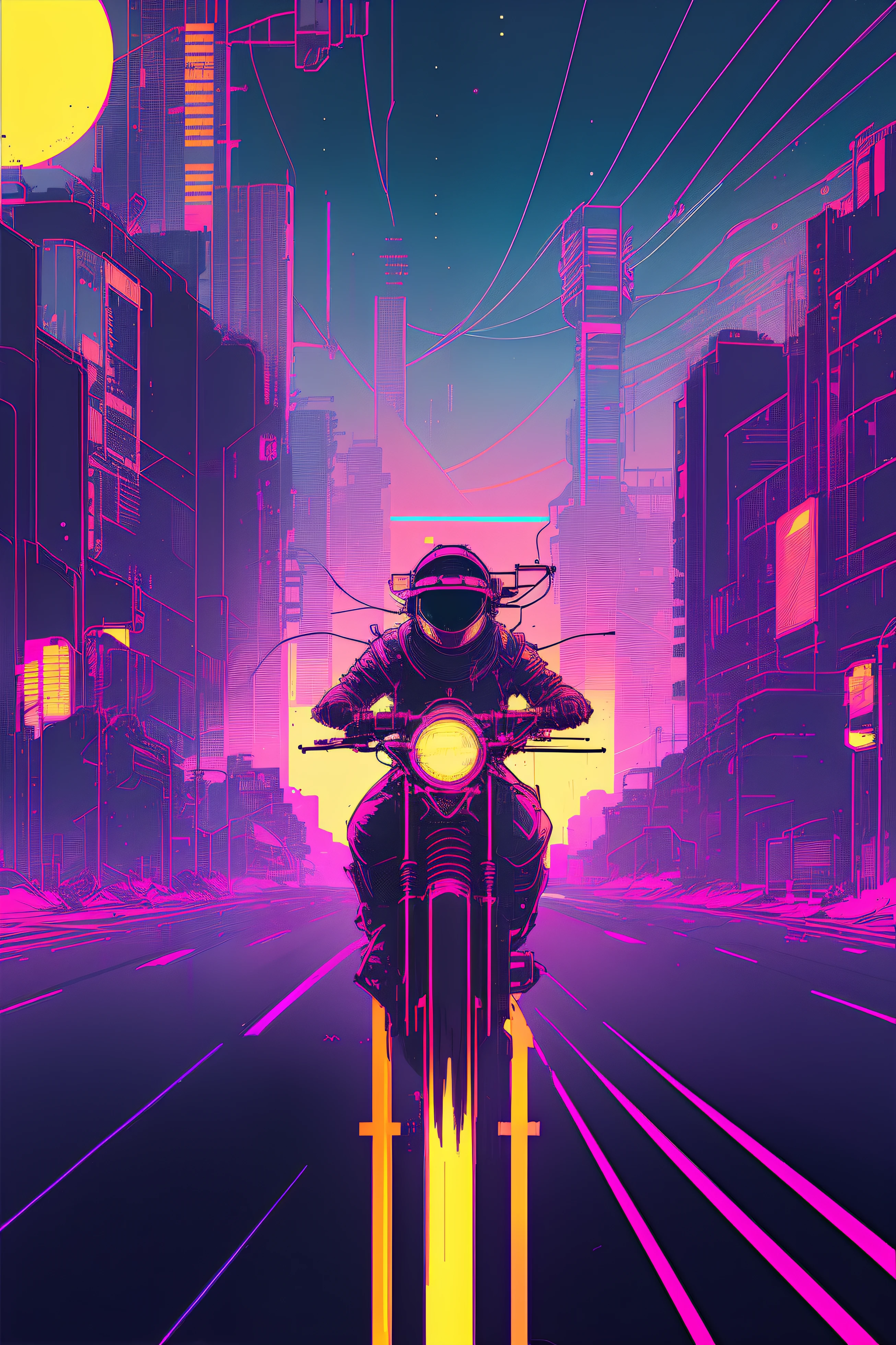 (nvinkpunk:1.2) snthwve style motorcyle, lightwave, sunset, intricate, highly detailed