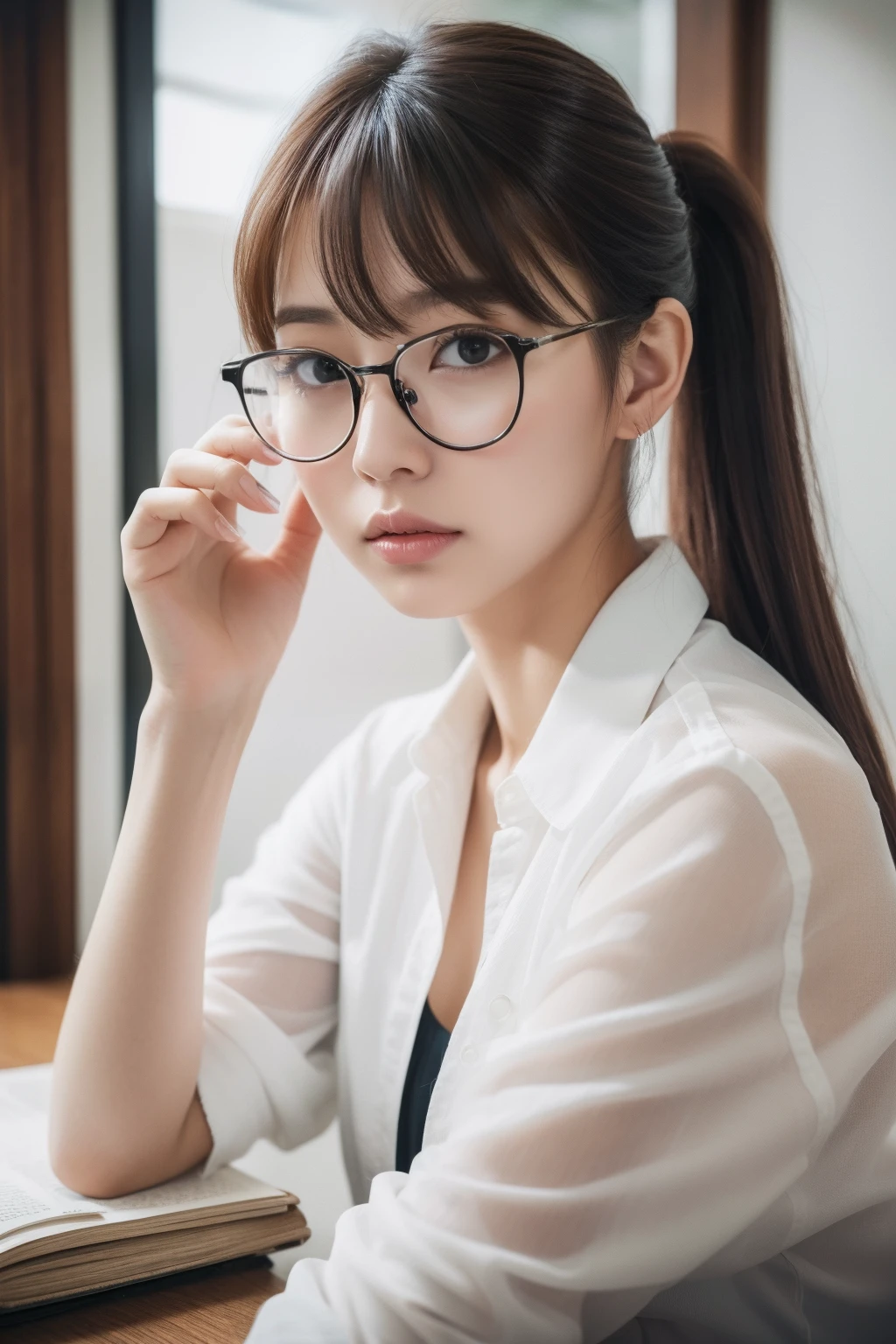 ((Best quality, 8k, Masterpiece: 1.3)), (raw photo:1.2), realistic photo,Sharp focus: 1.2, A beautiful woman with perfect body: 1.4, Highly detailed face and skin texture, Detailed eyes, Double eyelid, 1girl, Japanese idol, (wide shot:1.2), Pretty, (with narrow glasses:1.2),long hair,parted bangs,(ponytail:1.1),woman studying at desk,white shirts