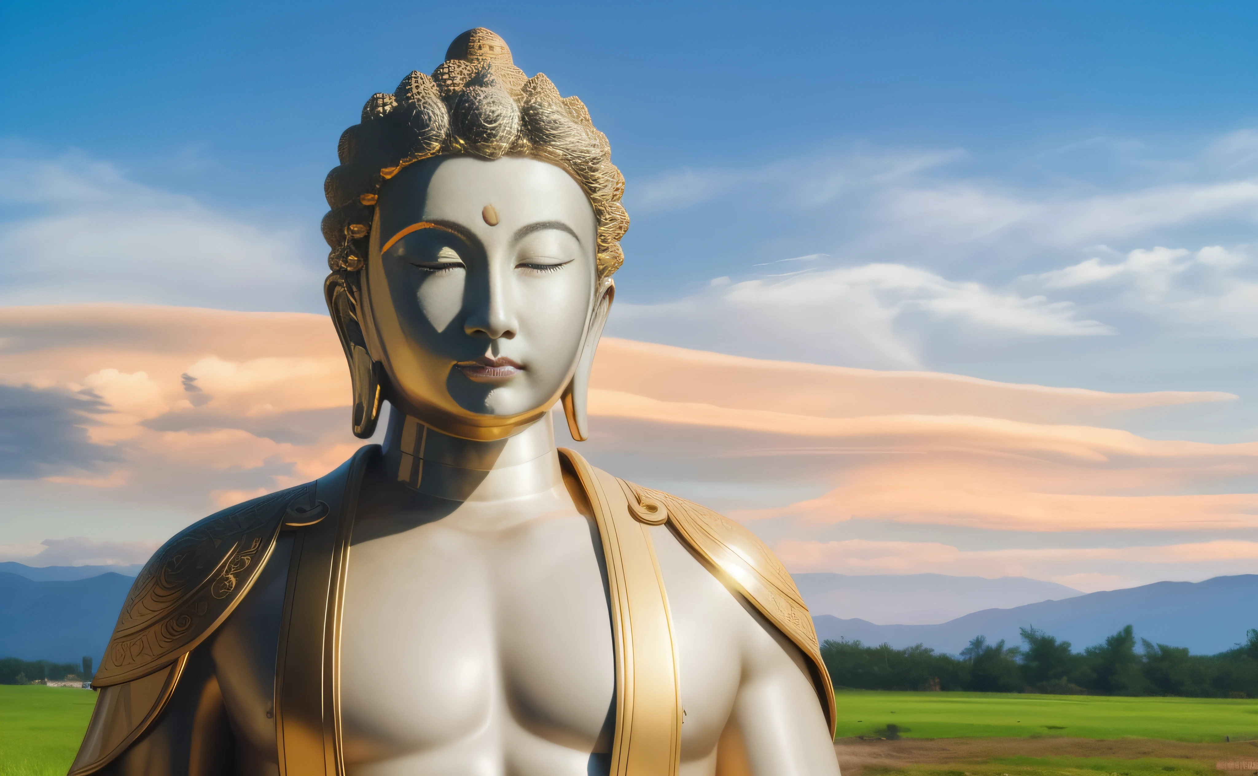 Green mountains and green water in the distance、Close-up of human beings against the background of rising sun, a Buddhist Buddha, Buddhism, Buddha, Buddhist, Beautiful image, samsara, personal profile picture, Zen, enlightening, 4 0 9 6, buddhist art, dharma artifacts, Avatar image, attractive male deity, Zen meditation, Peaceful, leaked image, On the road to enlightenment, Karma for tomorrow。Bronzed skin,Bronzed facial skin,Facial fullness, peaceful expression,Realphotos,8K quality,hyper HD,Background early morning sun,with blue sky and white clouds,Wearing Buddhist robes