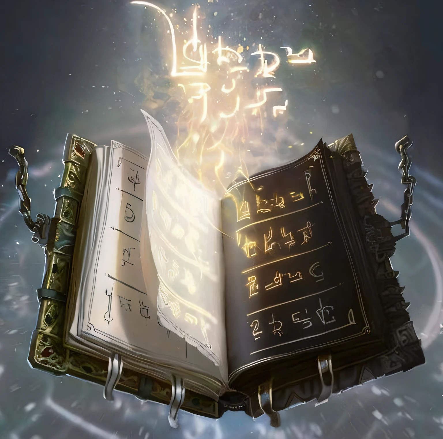 an open book,There is a picture of a book on it,There is text on it, floating spellbook, spellbook, fantasy game spell, Magic Book, fantasy game spell symbol, fantasy book illustration, grimoire, grimoire page, holy fire spell art, fantasy rpg book illustration, litrpg novel cover, library of ruina concept art, artbook artwork