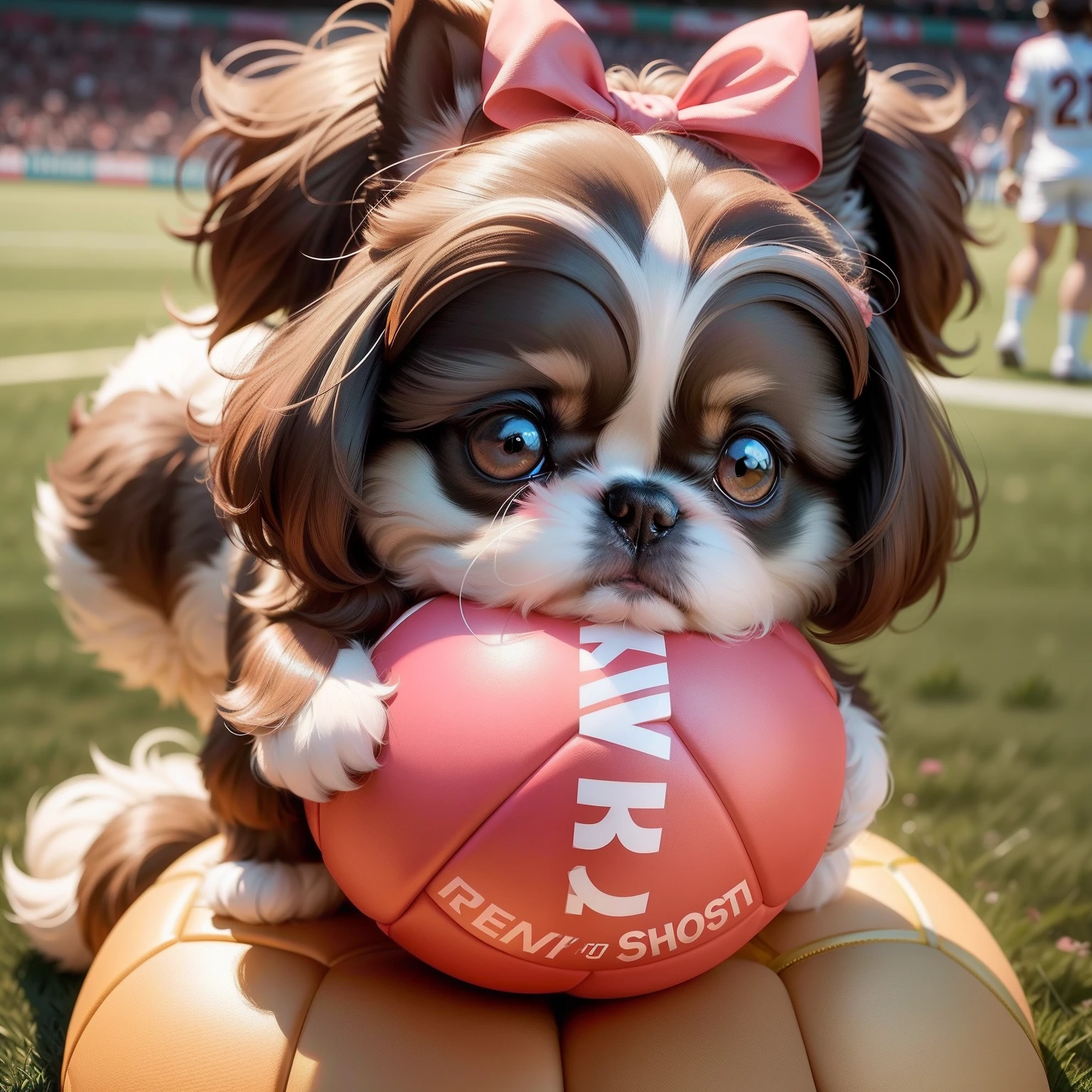 Baby Shih Tzu, feminina, com lacinho rosa, brincando com uma bola de pelucia de futebol, in the Disney setting, 8k, com detalhes ultra realist, clarear um poucos pelos