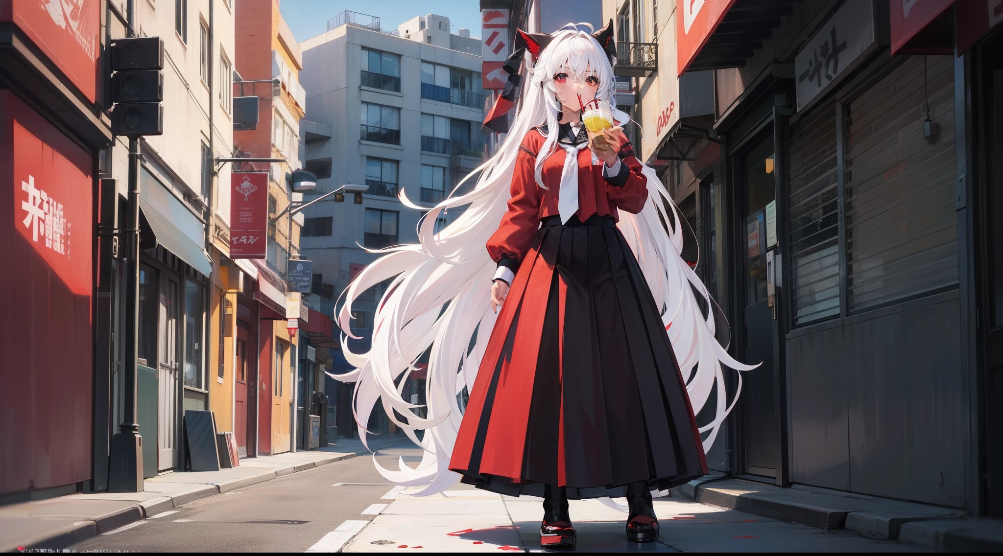 long white hair, red color eyes, a black pleated skirt,Inside is white surgery,Wearing black pantyhose, Plump body, An anime character, Only one person,Drinking brown drinks on the street