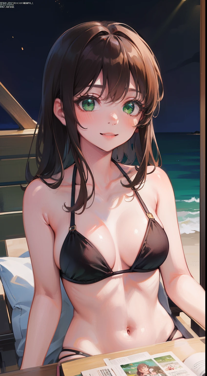 (masterpiece), (best quality), ultra high res, sharp focus, warm pastel tone, ((1 woman, solo)), upper body, magazine cover shot, beautiful detailed hair, chestnut brown hair, long hair, beautiful detailed face, ((beautiful shape eyes, green eyes)), perfect feminine face, sexy face, smile, sitting on the side of beach, black bikini, (in the night time:1.2)