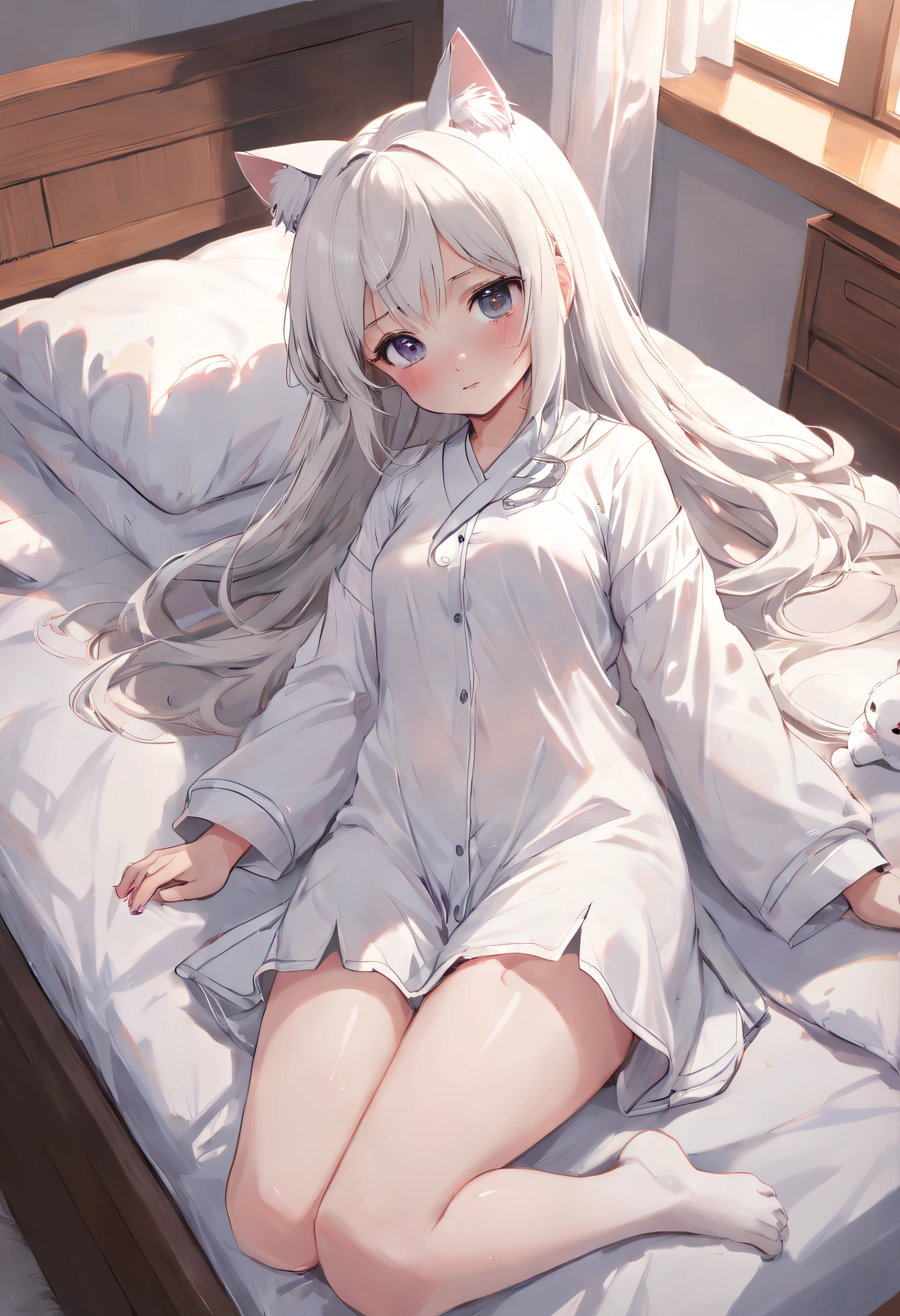 Anime girl in white pajamas getting out of bed with cat, Hang the laundry to dry，loli in dress, small curvy loli, artwork in the style of guweiz, guweiz on pixiv artstation, guweiz on artstation pixiv, guweiz, small loli girl, soft anime illustration, Anime visuals of cute girls, Detailed Digital Anime Art