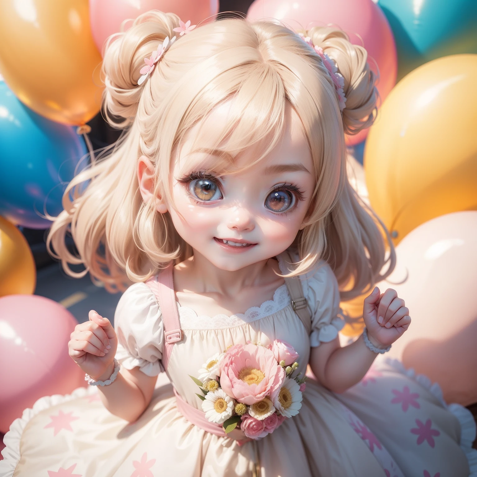 Cute Baby Chibi Anime,Wild Beige Hair,White and pink dress,The best smile,bouquet of lots of colors in both hands,,Lots of fluttering balloons in the background
Coming soon