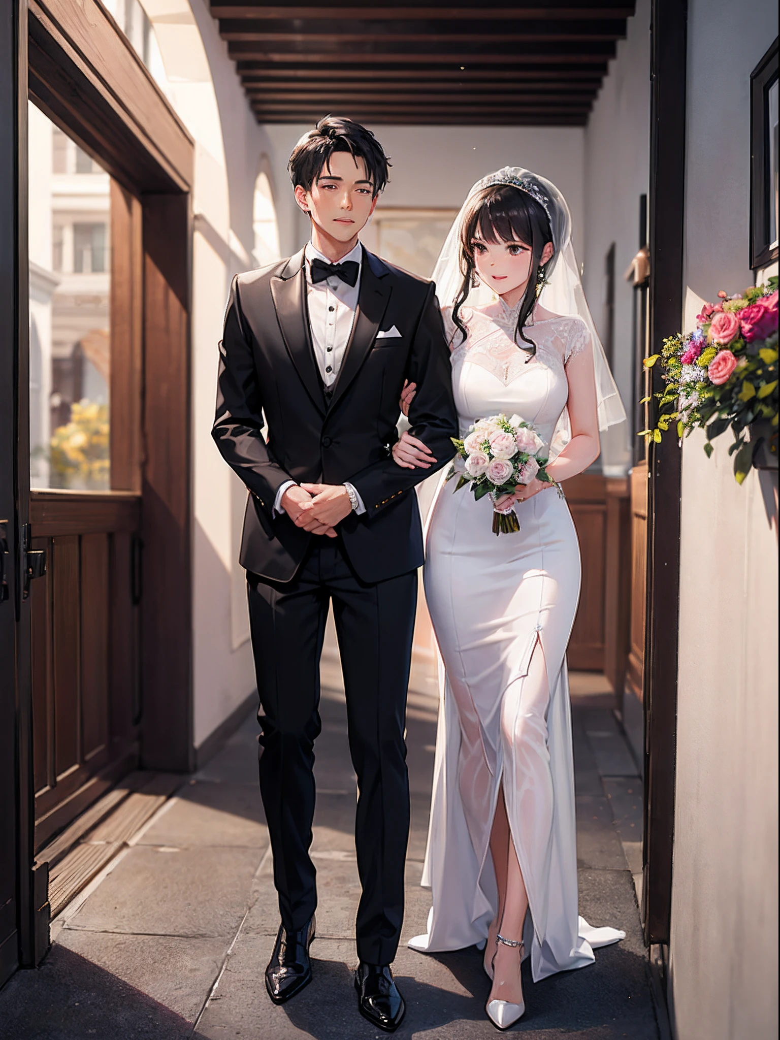 Pareja de hombre y mujer, hombre con lentes de aumento, medio calvo, alto, tez clara, traje de gala y mujer alta, tez clara, vestido rojo de gala