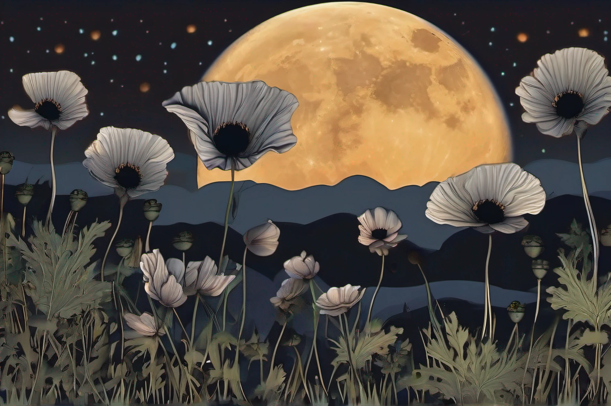 "Black poppies illuminated by moonlight, with a prominent full moon in the background."