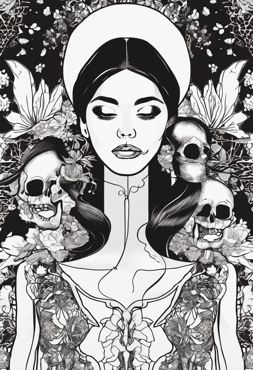 Two beautiful women in kimonos standing symmetrically, The silhouette of two models standing looks like a skull、Two models are making a skull、Fill the screen1One big skull、The shadow that projected the two is a skull、Line-symmetrical design with vertical centerline、 Its fine ink lineart, Comic style, beautiful line art, Black and white comic style, Manga style, manga art style, Black and white coloring --auto --s2