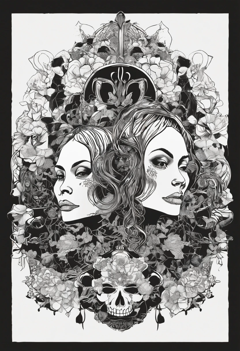 Two beautiful women in kimonos standing symmetrically, The silhouette of two models standing looks like a skull、Two models are making a skull、Fill the screen１One big skull、The shadow that projected the two is a skull、Line-symmetrical design with vertical centerline、 Its fine ink lineart, Comic style, beautiful line art, Black and white comic style, Manga style, manga art style, Black and white coloring --auto --s2