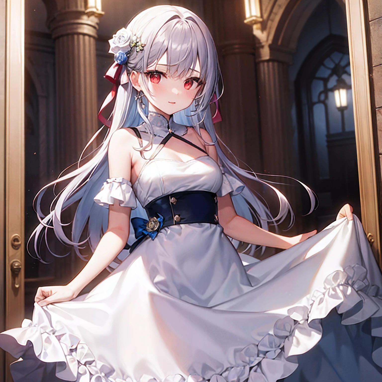silber hair、red eyes、Beautiful girl alone、Light blue fluffy dress、off shoulders、Western-style castle、white roses