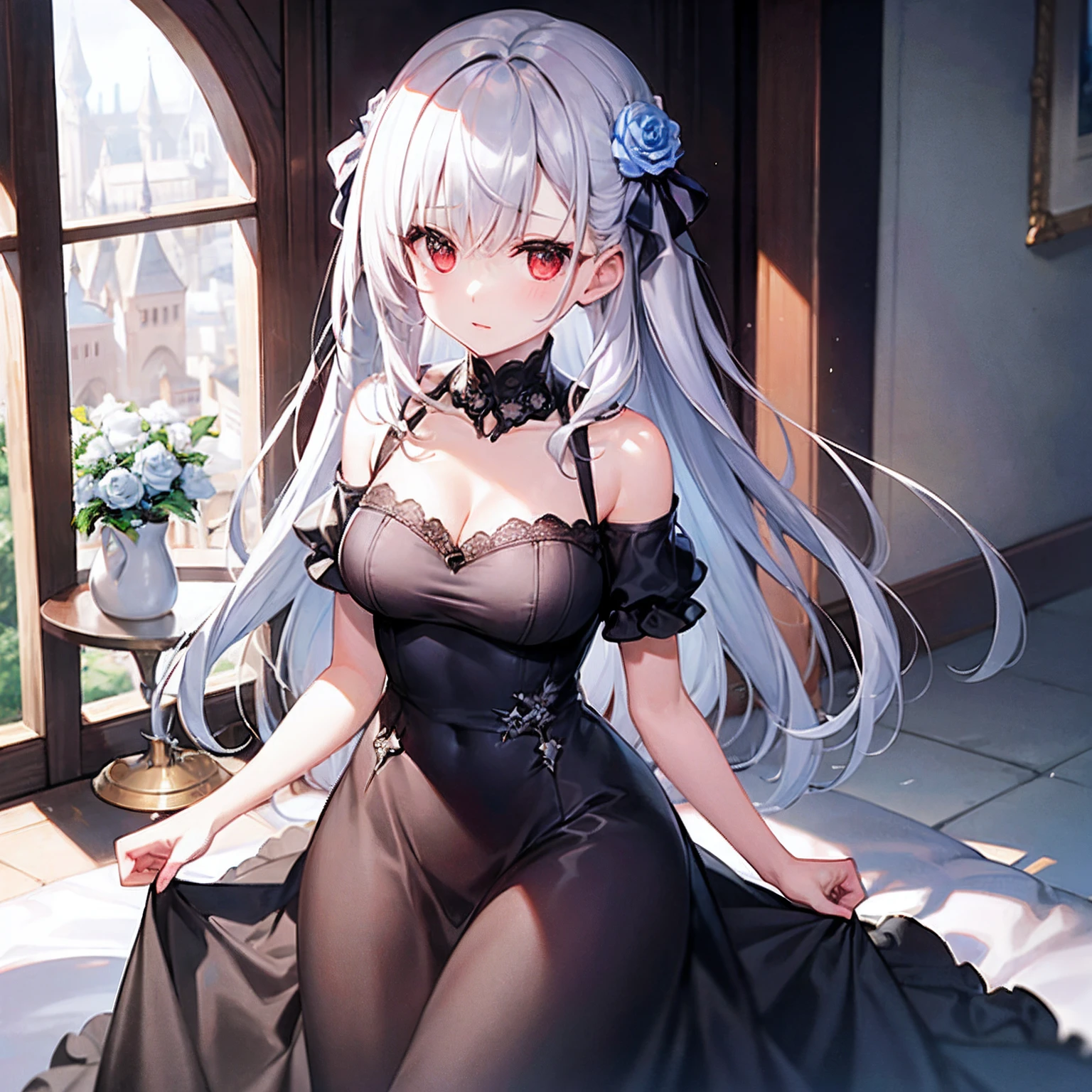 silber hair、red eyes、Beautiful girl alone、Light blue fluffy dress、off shoulders、Western-style castle、white roses
