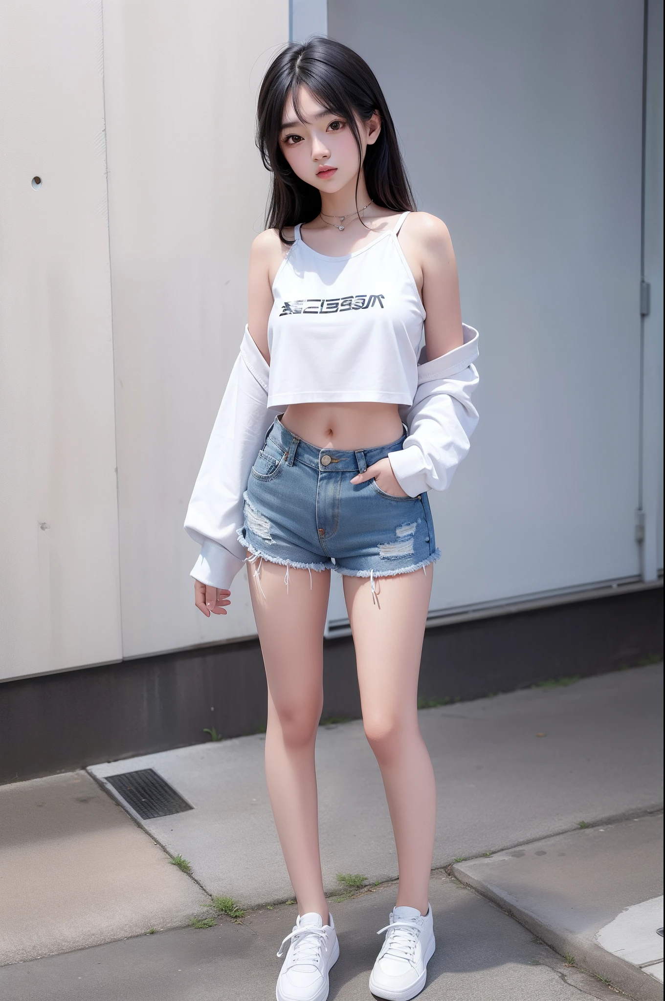 1girll,18 years old,(full-body view),Asian woman standing on sidewalk in shorts and white shirt, wearing denim short shorts, Bra and shorts streetwear, dressed in a top and shorts, in shorts and t-shirt, wearing casual cloths, wearing a camisole and shorts, wearing a cropped top, sexy girl wearing shorts, wearing a cropped top, wearing casual cloths