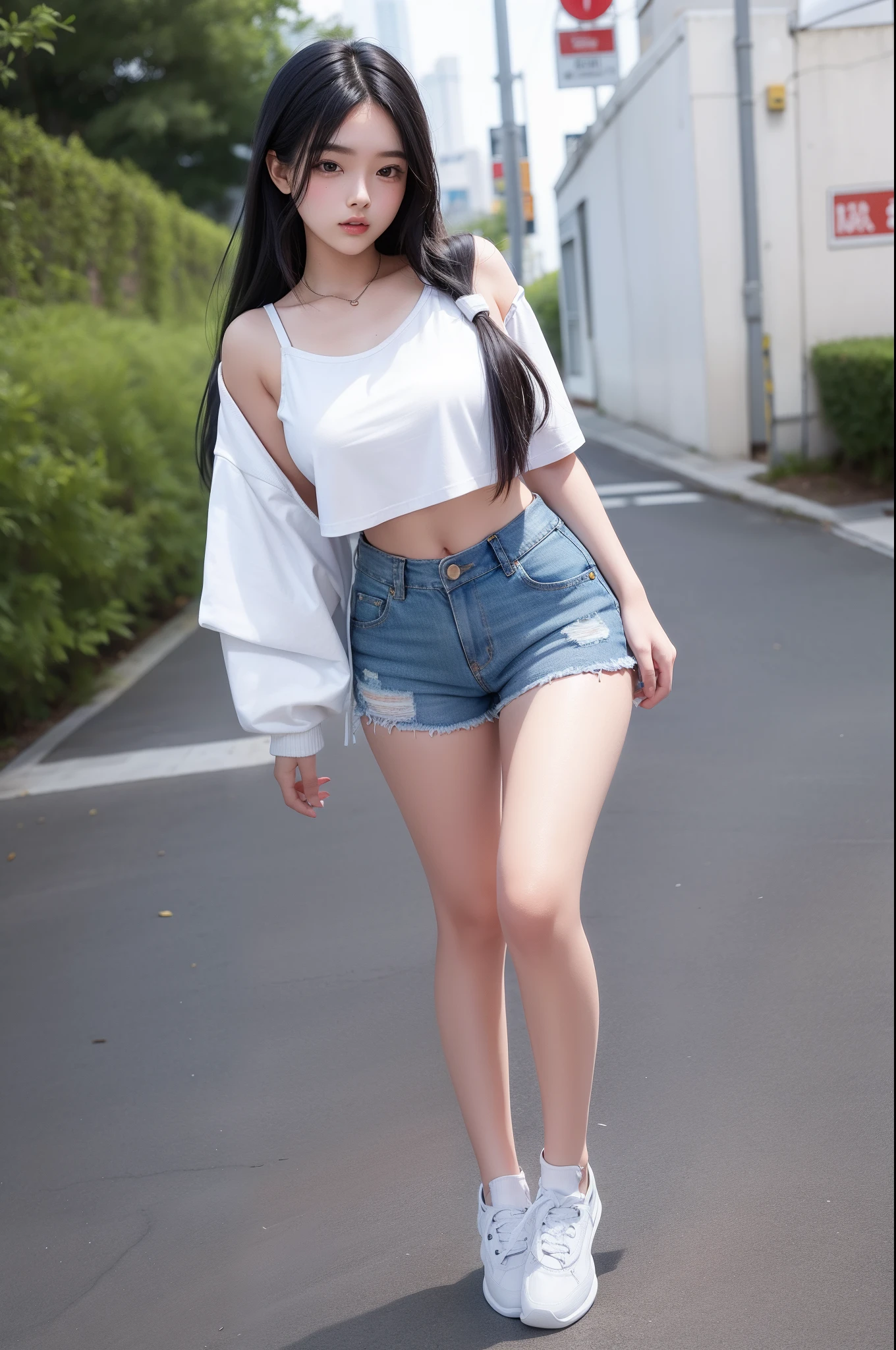 1girll,18 years old,(full-body view),Asian woman standing on sidewalk in shorts and white shirt, wearing denim short shorts, Bra and shorts streetwear, dressed in a top and shorts, in shorts and t-shirt, wearing casual cloths, wearing a camisole and shorts, wearing a cropped top, sexy girl wearing shorts, wearing a cropped top, wearing casual cloths