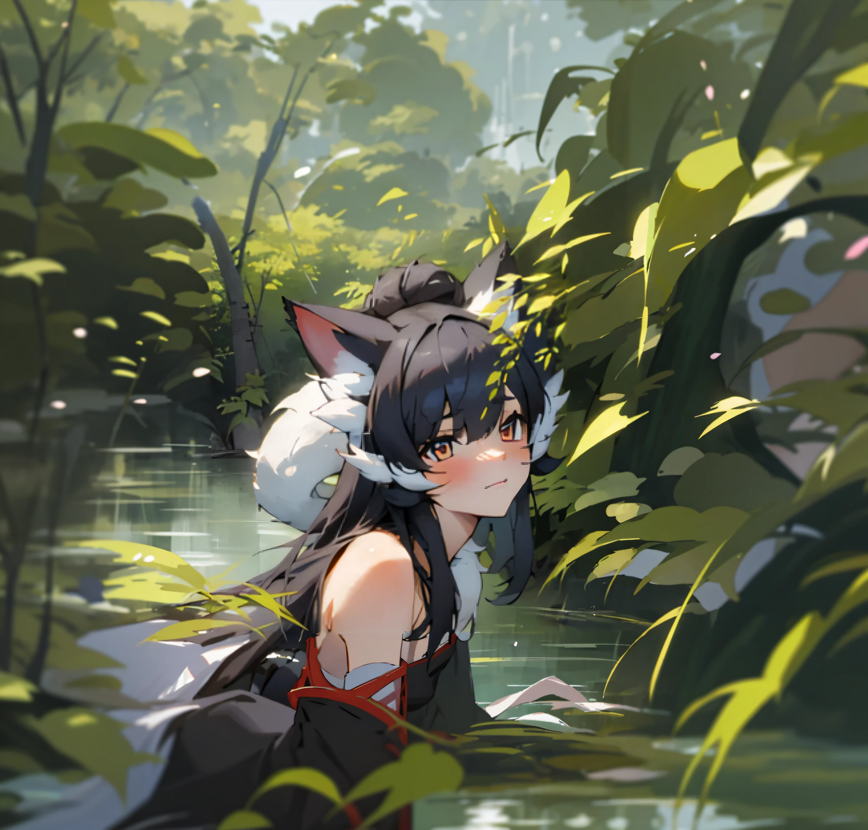 Anime girl with cat ears and tail in front of the pond, komono, portrait of ahri, ahri, Wolf ears, beautiful anime catgirl, anime catgirl, From Arknights, anime girl with cat ears, cute anime catgirl, Girl with fox ears, Guviz, Genshin, Hestia, Girl with cat ears