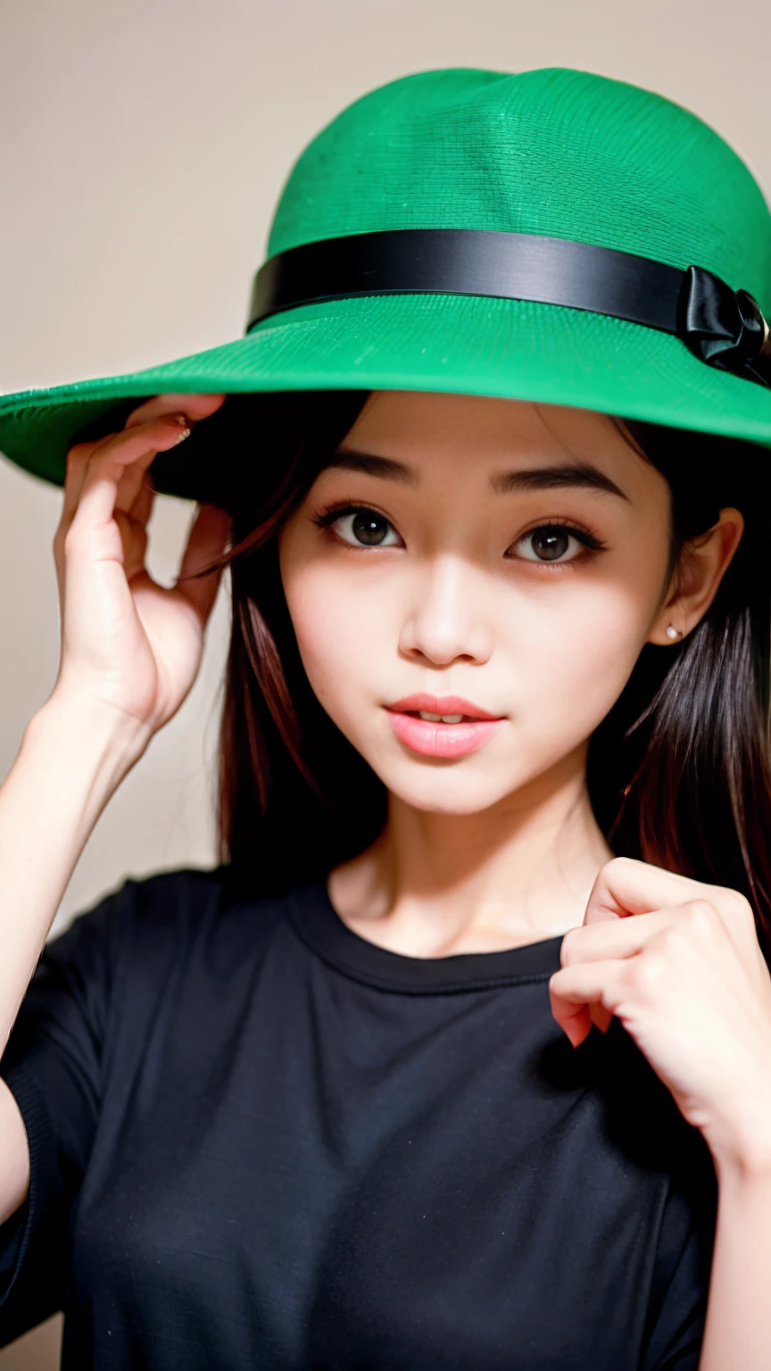 There is a woman in a green hat and a black shirt, Young adorable Korean face, popular south korean makeup, young cute wan asian face, wan adorable korean face, korean face features, tzuyu from twice, Choi Hong Hwa, bae suzy, Popular Korean Makeup, chiho, with very thin lips, Asian Face