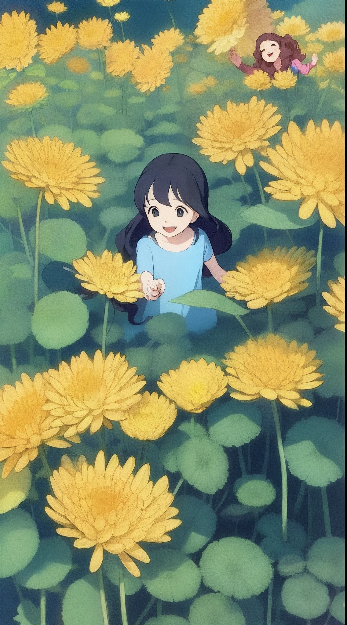 Happy kids girl, Long curly hair, idyllic scenery, Women's children's clothing, The color is smooth, Simple art, In Studio Ghibli style, Colorful chrysanthemum style