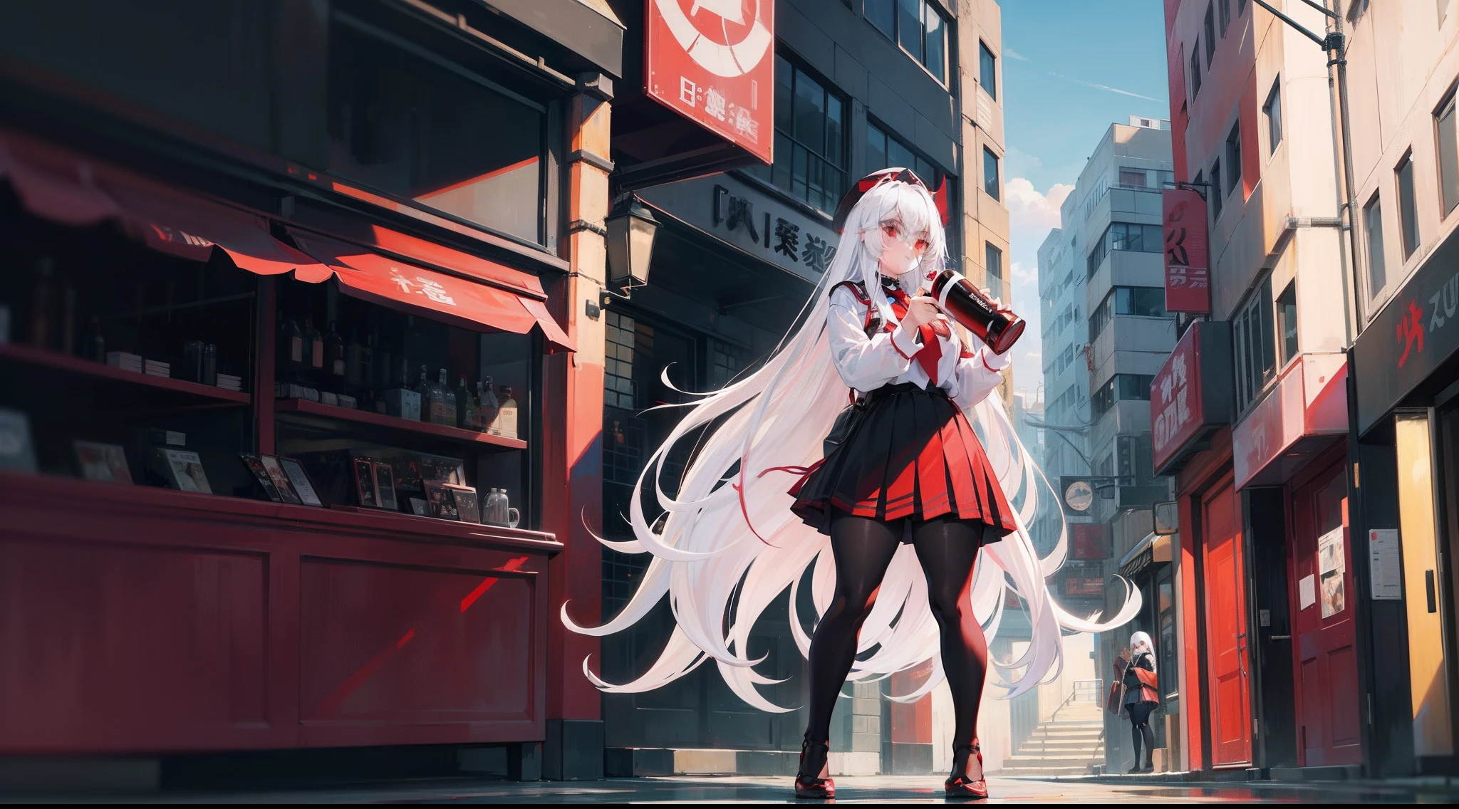 long  white hair, red color eyes, a black pleated skirt，Inside is white surgery，Wearing black pantyhose, Plump body, An anime character, Only one person，Drinking brown drinks on the street