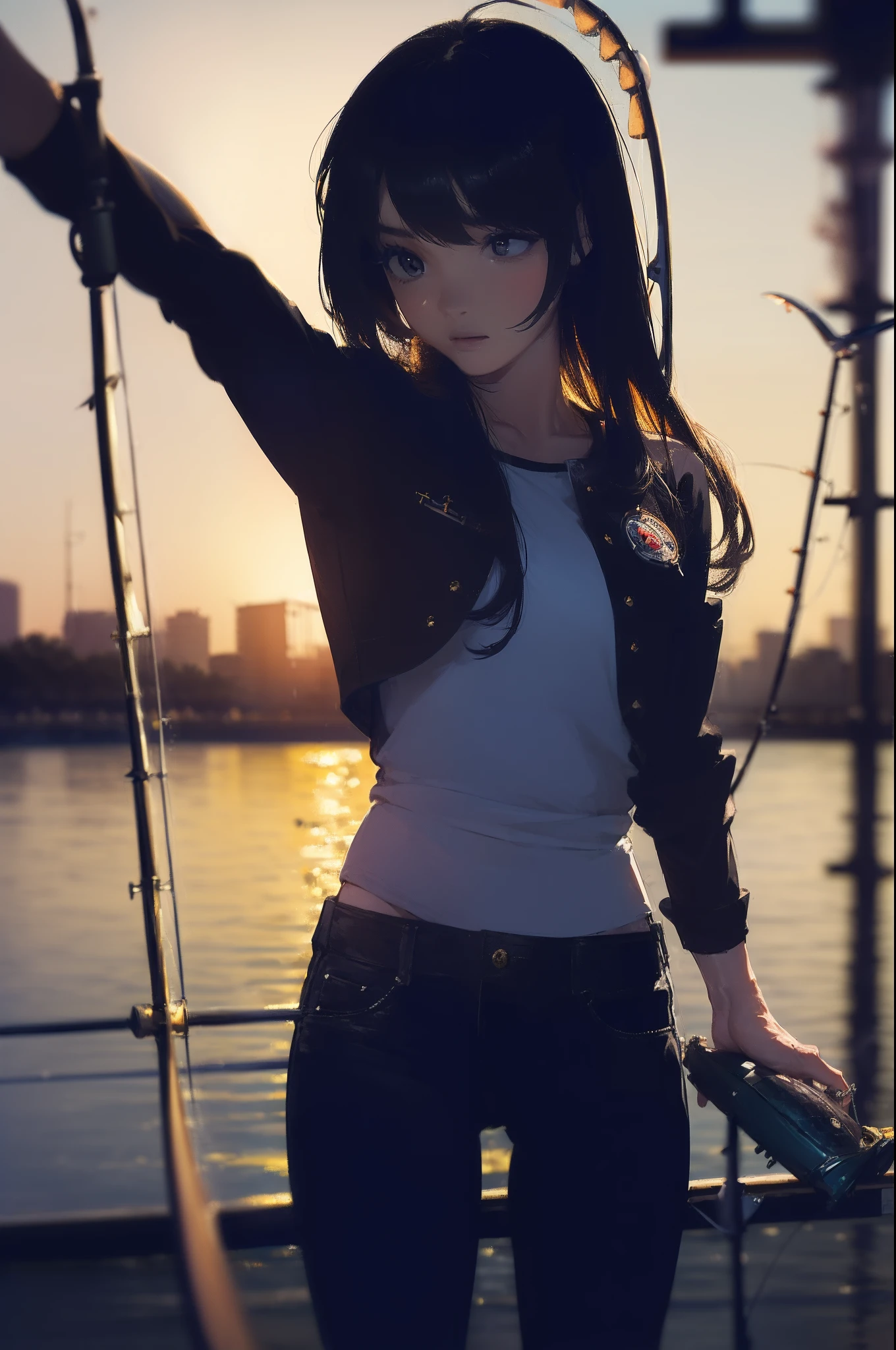 ((((having a fishing rod with a reel by the lakeside:1.5)))),((Female 28 years old)),((Best Quality:1.5)),(((Hands with the correct number and structure of fingers:1.4))),((Big fish:1.37)),hight resolution,ultra-detailliert,​masterpiece,best qualtiy,(Eight-headed body),Black hair, long eyes-lashes, Solid Circle Eyes, drop shadow, Atmospheric perspective,Super Detail, ccurate, small brest,(Black jacket and black jeans :1.1),top-quality, blurry backround, bokeh dof:1.2, (​masterpiece:1.3),  Atmospheric perspective,Super Detail,dynamic compositions,