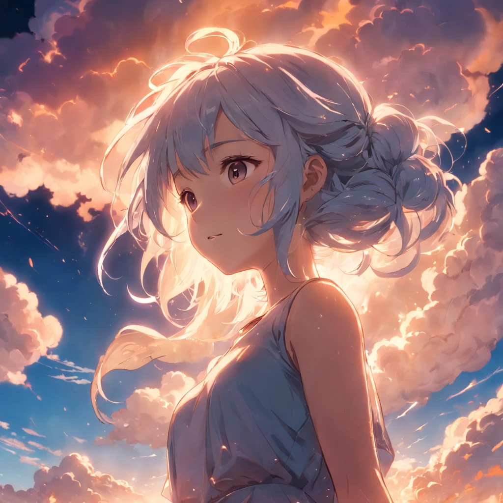 masterpiece, best quality, movie still, 1girl, cloud girl, floating in the sky, close-up, bright, happy, warm soft lighting, sunset, (sparks:0.7)