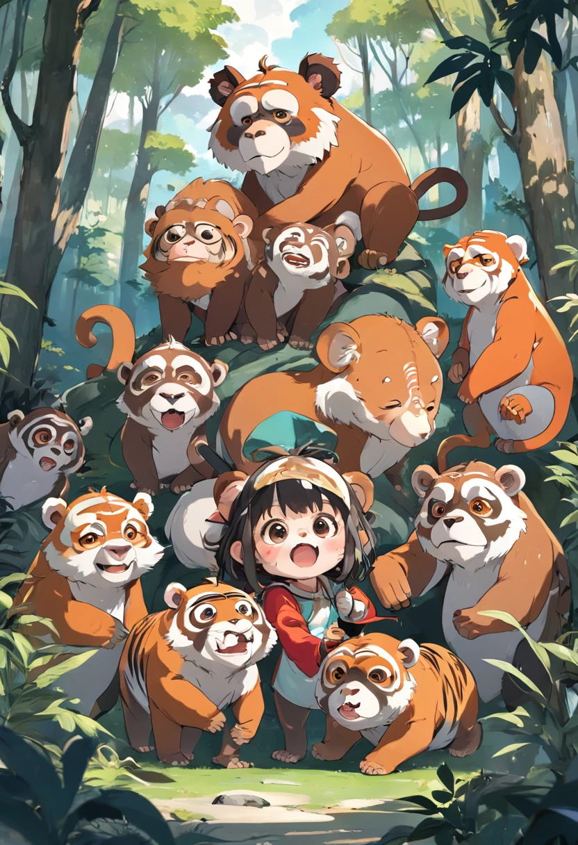 Cute mixed forest animals like monkey clip art,Elephat, Panda and tiger stickers,Multiple facial expressions, Many gestures, style cartoon, Farbe, quadratic element, planar vector, Character Design, T-shirt design, a sticker, Colorful splashes, and t-shirt design, Studio Ghibli style, soft tetrad color, Vector Art, Fantasy Art, Watercolor effect, Alphonse Mucha, adobe ilustrator, Digital Painting, low polygon, Soft lighting, Aerial view, Isometric style, retro aesthethic, white backgrounid, 8K resolution, rendering by octane
