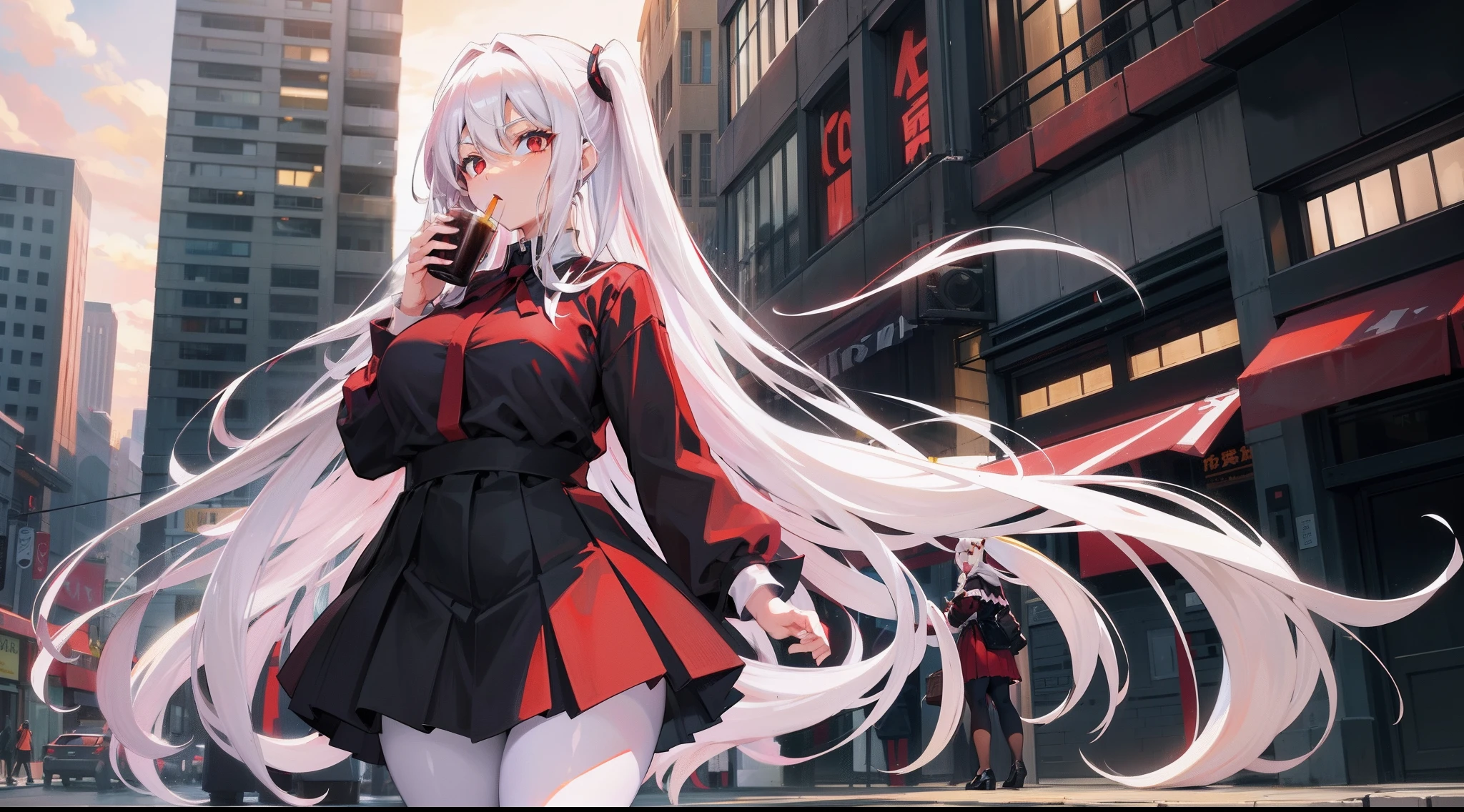 long white hair, red color eyes, a black pleated skirt,Inside is white surgery,Wearing black pantyhose, Plump body, An anime character, Only one person,Drinking brown drinks on the street