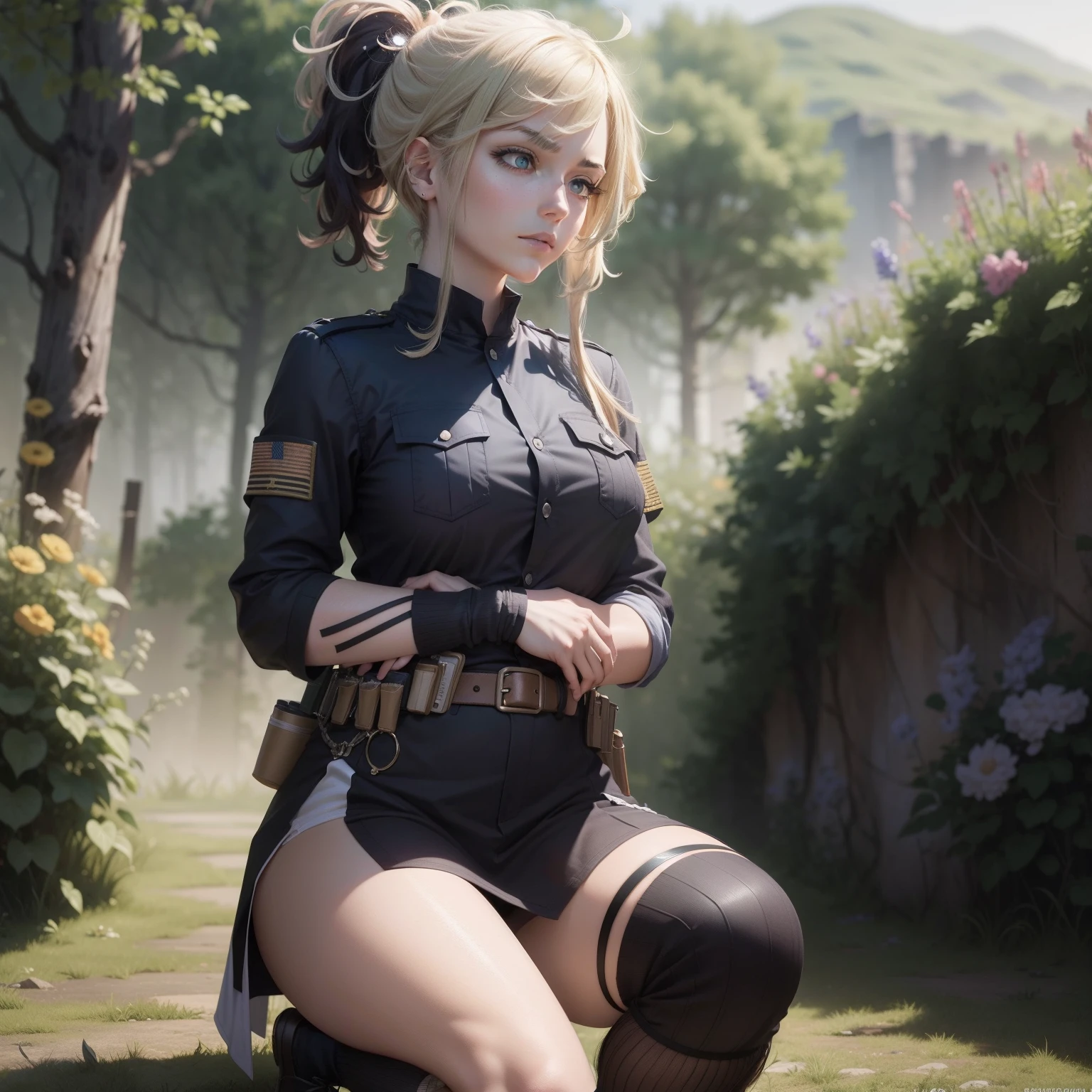 masterpiece, masterpiece,best quality,official art,extremely detailed CG unity 8k wallpaper, best quality, girl, {{solo}}, blonde hair, alternate hair length, medium hair, hair over shoulder, expressionless, gradient eyes, medium breasts, aqua eyes, {{{arms_crossed}}}, black kneehighs,, {{braided ponytail }},military uniform