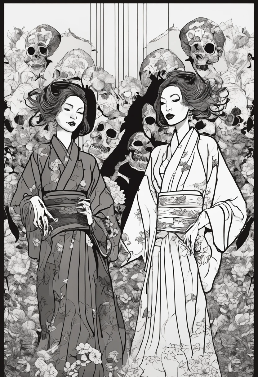 Two beautiful women in kimonos standing symmetrically, The silhouette of two models standing looks like a skull、Two models are making a skull、Fill the screen１One big skull、The shadow that projected the two is a skull、 Its fine ink lineart, Comic style, beautiful line art, Black and white comic style, Manga style, manga art style, Black and white coloring --auto --s2