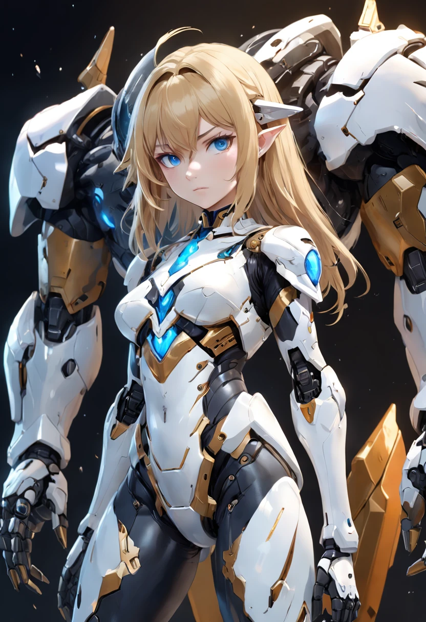 A woman, white mecha suit + black armor with silver parts, long, short golden hair, hair with bangs in front of her eyes, helmet on her head, sparkling blue eyes, looking at the viewer, ((( pose interacting and leaning [ on an object | on something in the environment]))), right-handed dungeon, with machines, robots, puppy, Surreal, Tense, Hot, Highly detailed, clear, Professional, 8K UHD, twilights, movie, Dark, Violent, plein air , river, buttle, well-detailed fingers, well-detailed hand, perfect_hands,chase, dramatic, vivid, tense atmosphere, rendered, epic, twilights, nffsw, album covers, blizzard, lightning, disaster, boiling lava waterfall, ((full length): 1.5). 16k, UHD, best possible quality, ultra detailed, best possible resolution, Unreal Engine 5, professional photography, perfect_hands, [princesa_zelda], ((zelda_breath_of_the_wild)),