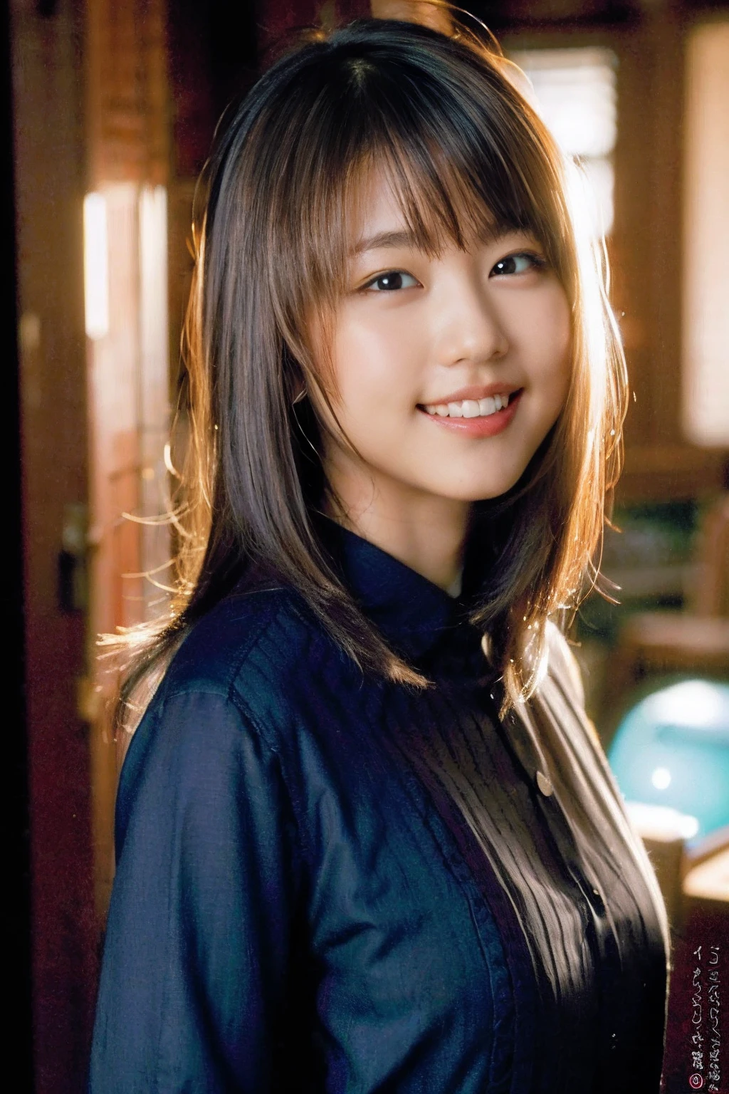 (8k, RAW photo, best quality, masterpiece:1.2), (realistic, photo-realistic:1.37), ultra-detailed, ultra high res,1 girl,looking at viewer,beautiful detailed face,smile,narrow,(slim waist:1.3),shirt, beautiful detailed skin, skin texture, floating hair,professional lighting,