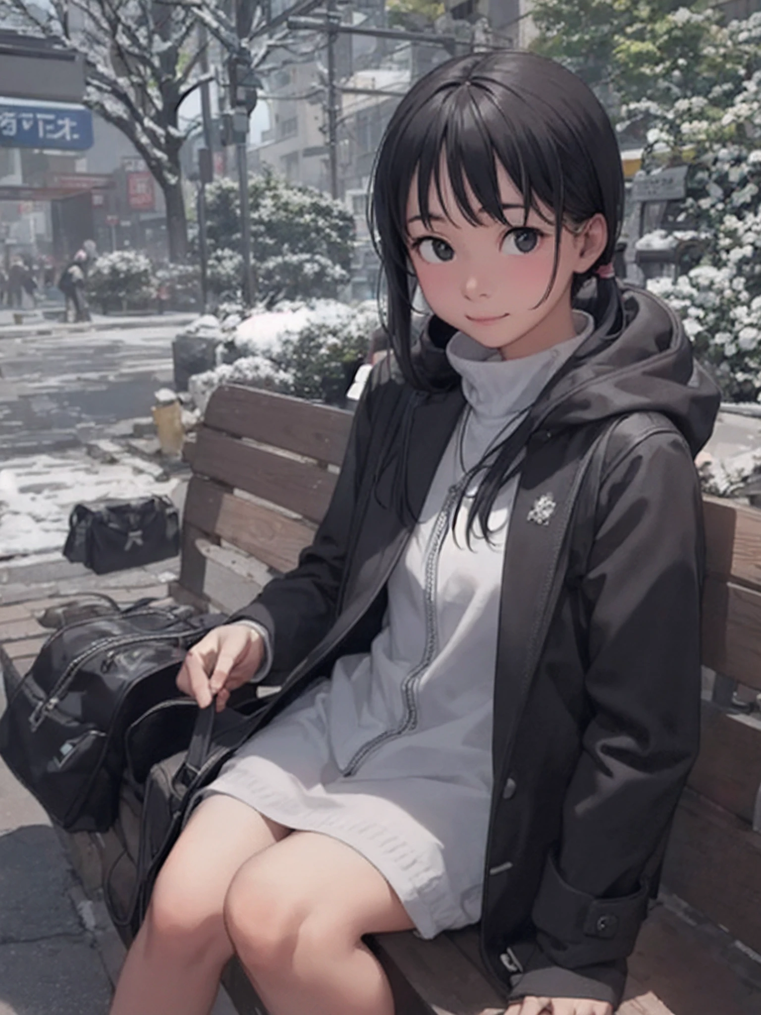 Yuki、Winters、Black duffel coat、a park、sit on a bench、relax、Accurate portrait drawing、Accurate model