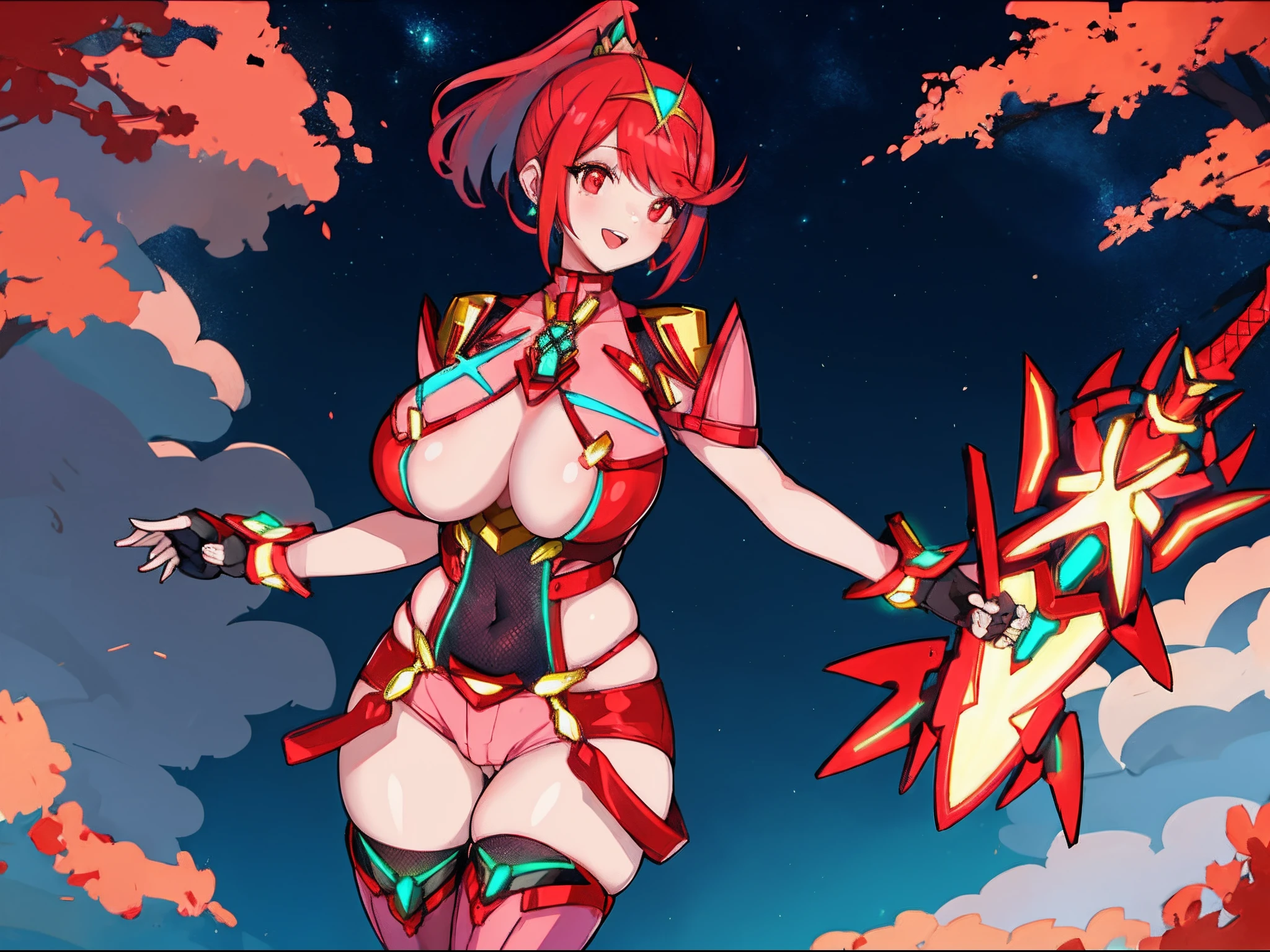 pyra \(xenoblade\), teen_1girl, loli, armor, bangs, black gloves, breasts, red eyes, light_open_mouth, earrings, eyelashes, fingerless gloves, floating hair, framed breasts, gem, gloves, hair ornament, headpiece, jewelry, big_breasts, leaning back, leotard, neon trim, official art, pose, red hair, red shorts, saitou masatsugu, short hair, short shorts, short sleeves, shorts, sidelocks, skin tight, solo, standing, swept bangs, thighhighs, tiara, night_prairie_background, turtleneck, underbust, vambraces, xenoblade chronicles \(series\), (xenoblade chronicles 2), (spread_legs:1.1), fire_effect,dynamic_pose,fighting,light_smile, (plump:1.4), big_ass,huge_sword, hold_large_sword_hilt, scovered_nipples, (covered_pussy:1.2),cameltoe,back_view, fists,ponytail,plump,beautiful_fingers,(solo:1.1),