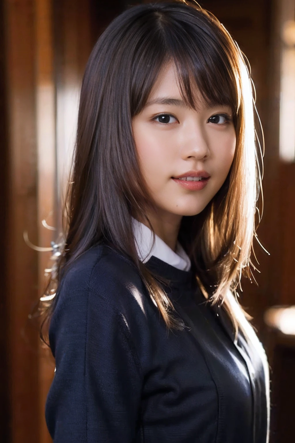 (8k, RAW photo, best quality, masterpiece:1.2), (realistic, photo-realistic:1.37), ultra-detailed, ultra high res,1 girl,looking at viewer,beautiful detailed face,smile,narrow,(slim waist:1.3),shirt, beautiful detailed skin, skin texture, floating hair,professional lighting,