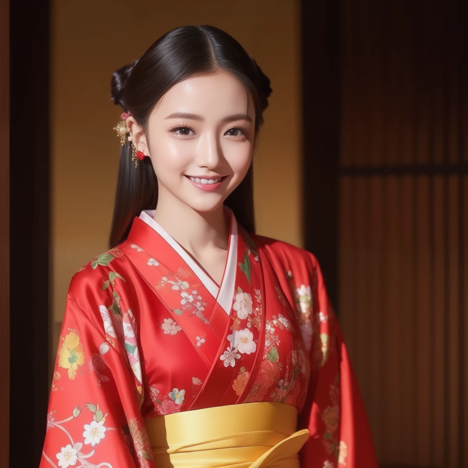 ((花魁))、red kimono、Beautie、Fancy hair ornaments、Shoulders are protruding、HDTV、Super beautiful、1人、front-facing view、Full body view、((Young 1.3))、Flashy kimono、glossy、masterpiece、bewitching、smil、