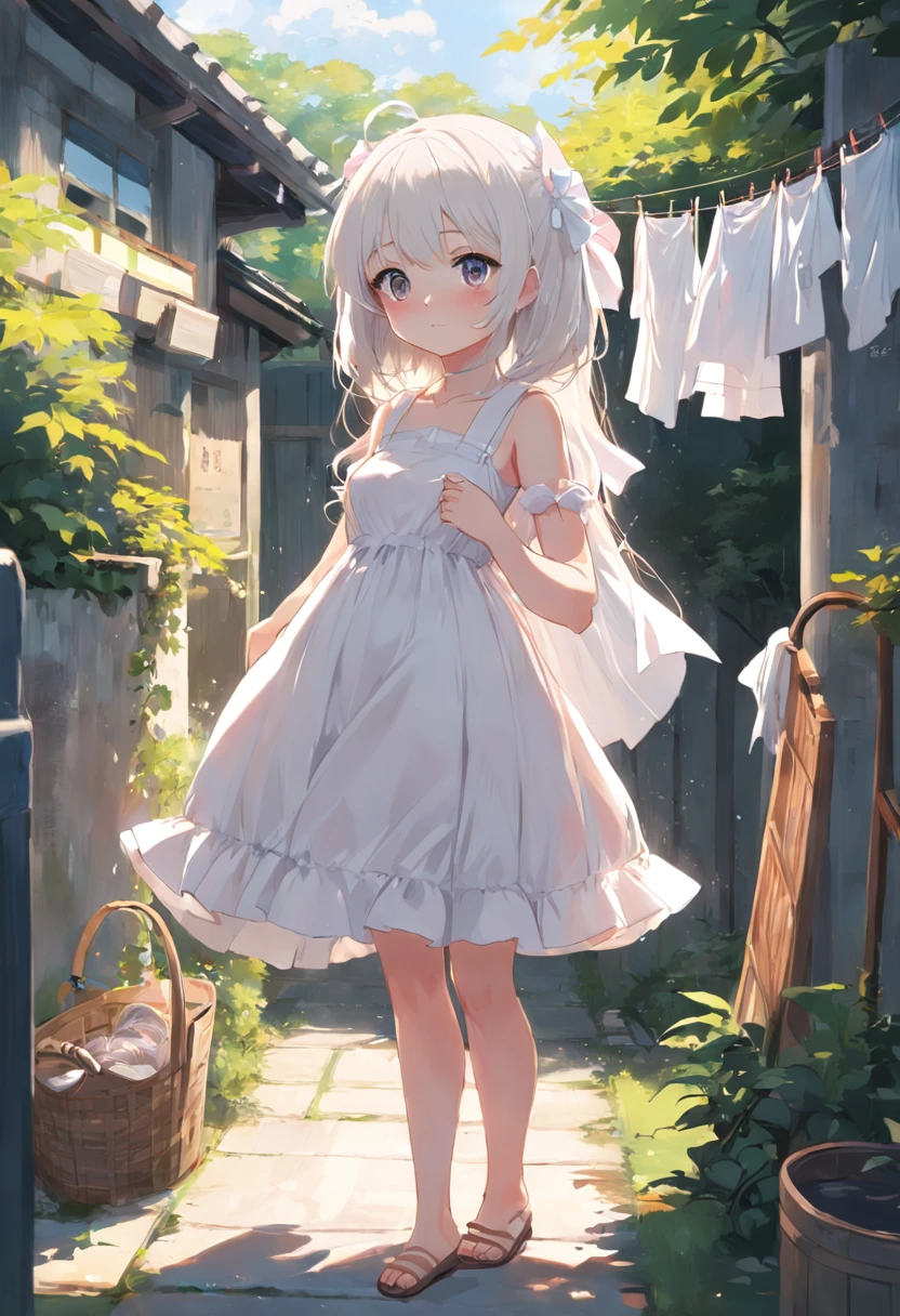 Anime girl in white dress standing in garden, Hang the laundry to dry，Holding a laundry basket，loli in dress, ??????????? loli, artwork in the style of guweiz, guweiz on pixiv artstation, guweiz on artstation pixiv, guweiz, small loli girl, soft anime illustration, Anime visuals of cute girls, Detailed Digital Anime Art