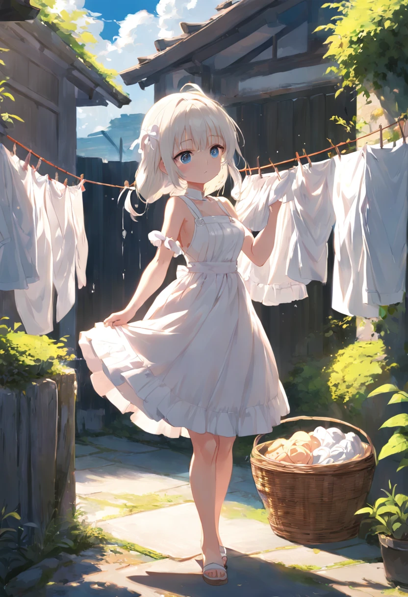 Anime girl in white dress standing in garden, Hang the laundry to dry,Holding a laundry basket,loli in dress, small curvy loli, artwork in the style of guweiz, guweiz on pixiv artstation, guweiz on artstation pixiv, guweiz, small li girl, soft anime illustration, Anime visuals of cute girls, Detailed Digital Anime Art