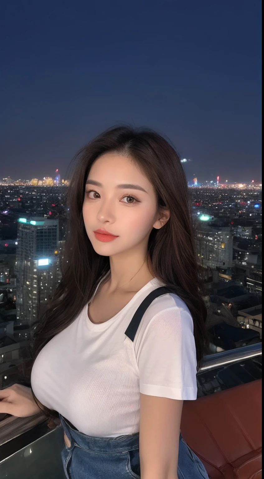 ((Midnight, Best quality, 8k, Masterpiece :1.3)), Whole body, Long legs, Sharp focus :1.2, A pretty woman with perfect figure :1.4, Slender abs :1.1, ((Dark brown hair, Big breasts :1.2)), (White tight tshirt, Jean bib, Standing:1.2), ((Night city view, Rooftop:1.3)), Highly detailed face and skin texture, Detailed eyes, Double eyelid