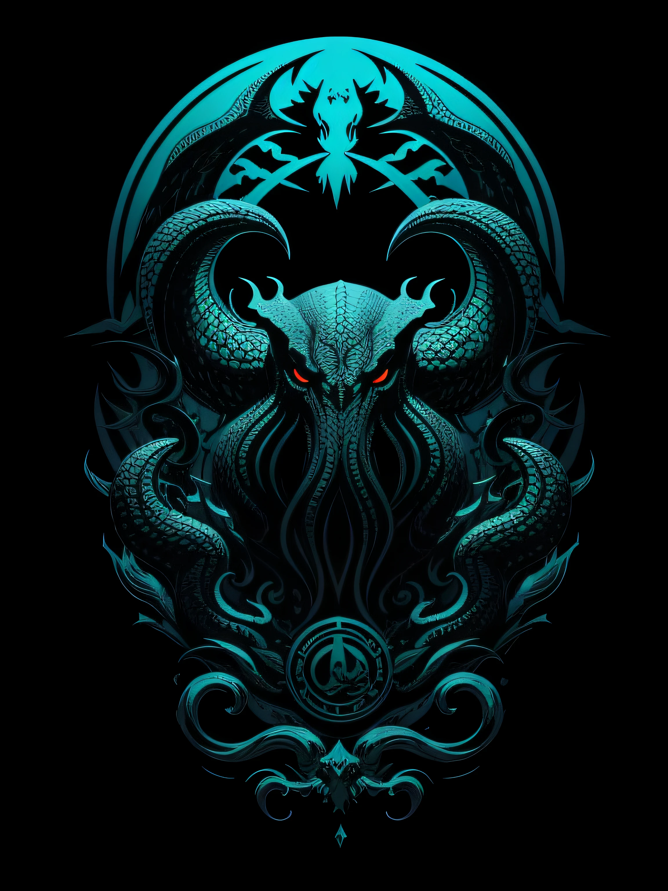 [cthulhu] Heraldic silhouette, logo masking style illustration, by dan mumford, by greg rutkowski, by james jean, black background, mysterious, fantasy art, realistic, majestic, rich vibrant colors, high contrast, seamless water brand, artstation, deviantart, dribble, redbubble, teepublic, sharp focus, simple, hyper detailed, detailed drawing, vectorize, outline, isometric style, 8k."