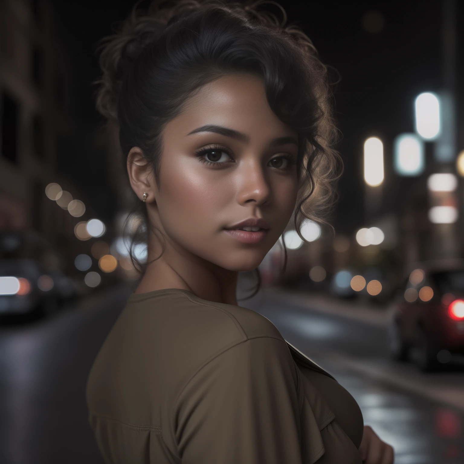 Create an image of a 20-year-old Latina woman in tight clothes on a city street at night who exudes confidence. Image must be in 8K UHD resolution, with an intermediate photo of the woman taken with a Fujifilm XT3 camera. The woman should be depicted on highly detailed skin and her clothing should have a film grain effect. The lighting should be soft and the overall style of the image should be dark and bold.