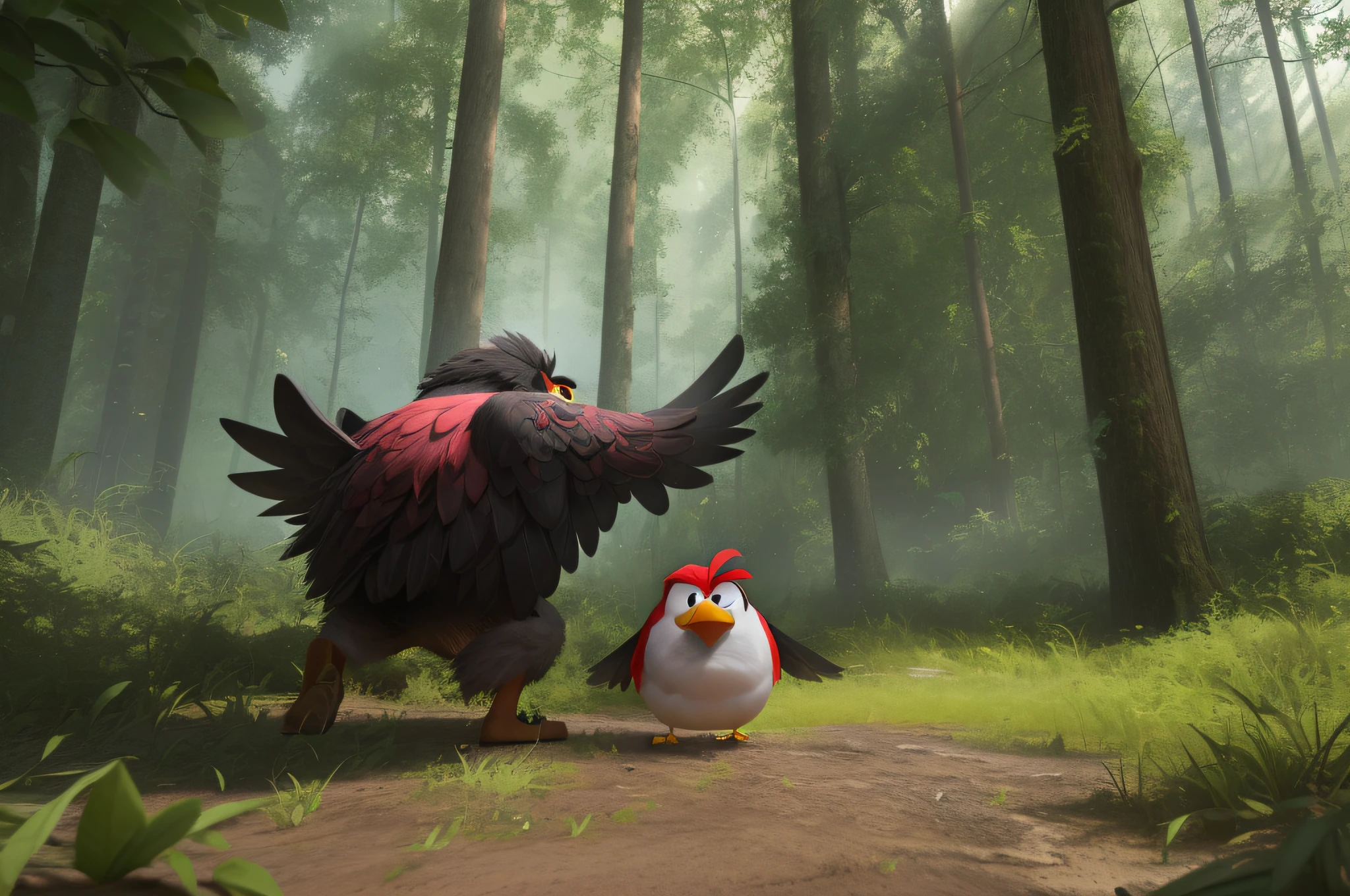 Fight between two characters from Angry birds, 3D Rendering, Unreal Engine 5, The battle takes place in a dense and dense forest. foto realista, Maximum realism, Highest Resolution, 8K